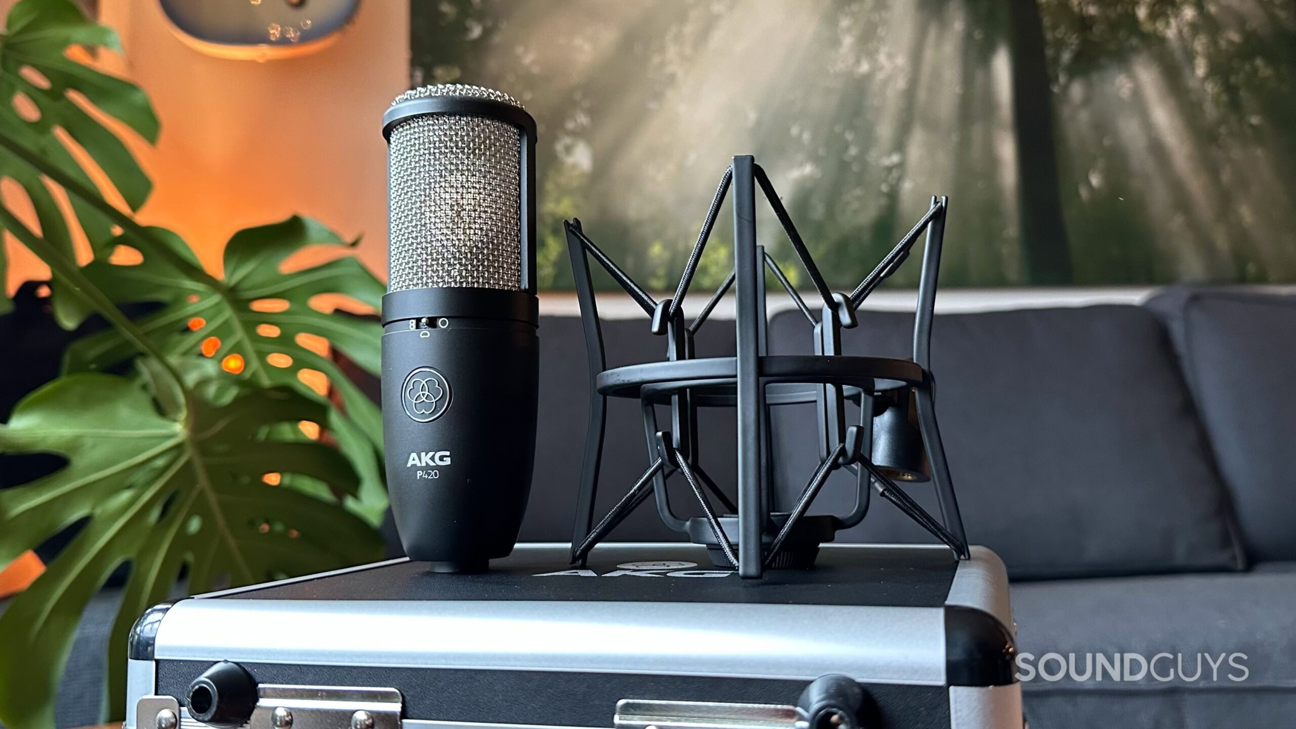 AKG P420_9 An AKG P420 microphone and its shock mount placed on top of its road case, on a coffee table.