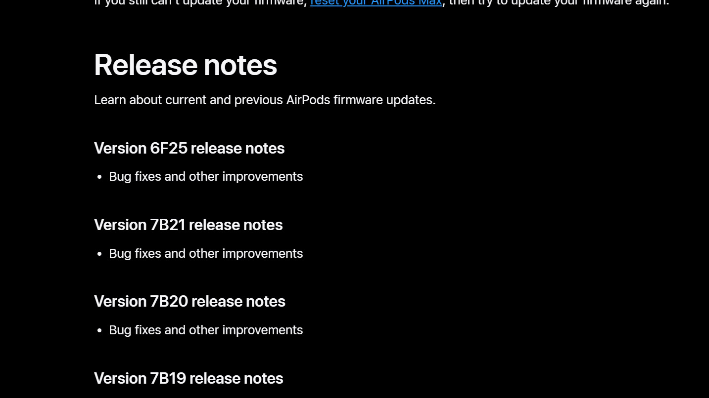 apple-changelog-screenshot A screenshot showing the Apple AirPods Max's firmware update changelog.