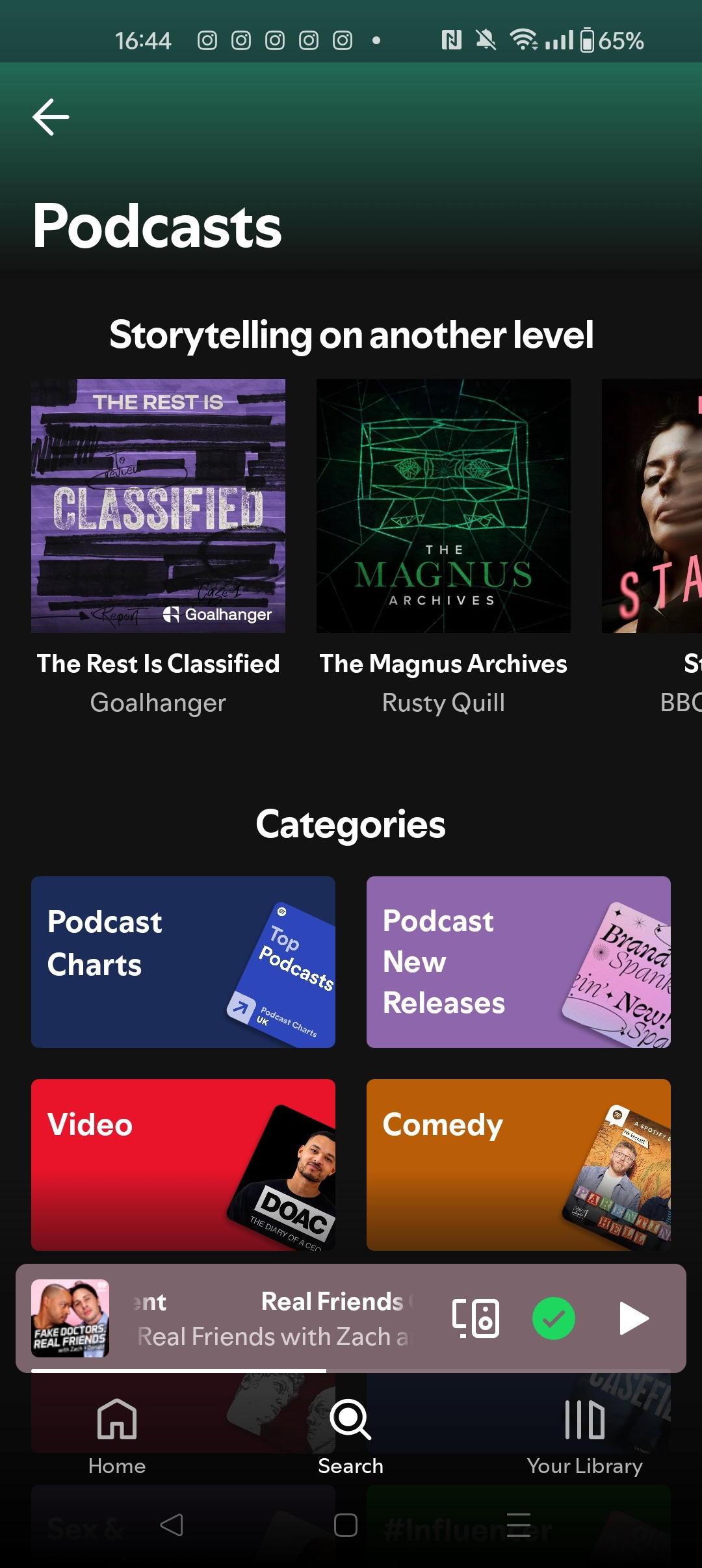 A screenshot of the Spotify Podcasts tab,