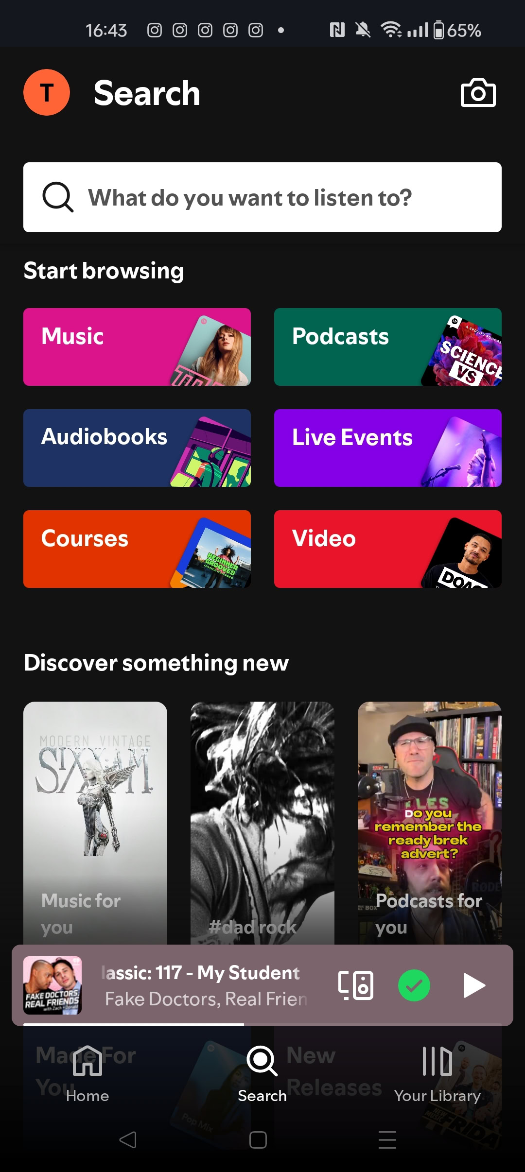 A screenshot of the Spotify search tab,