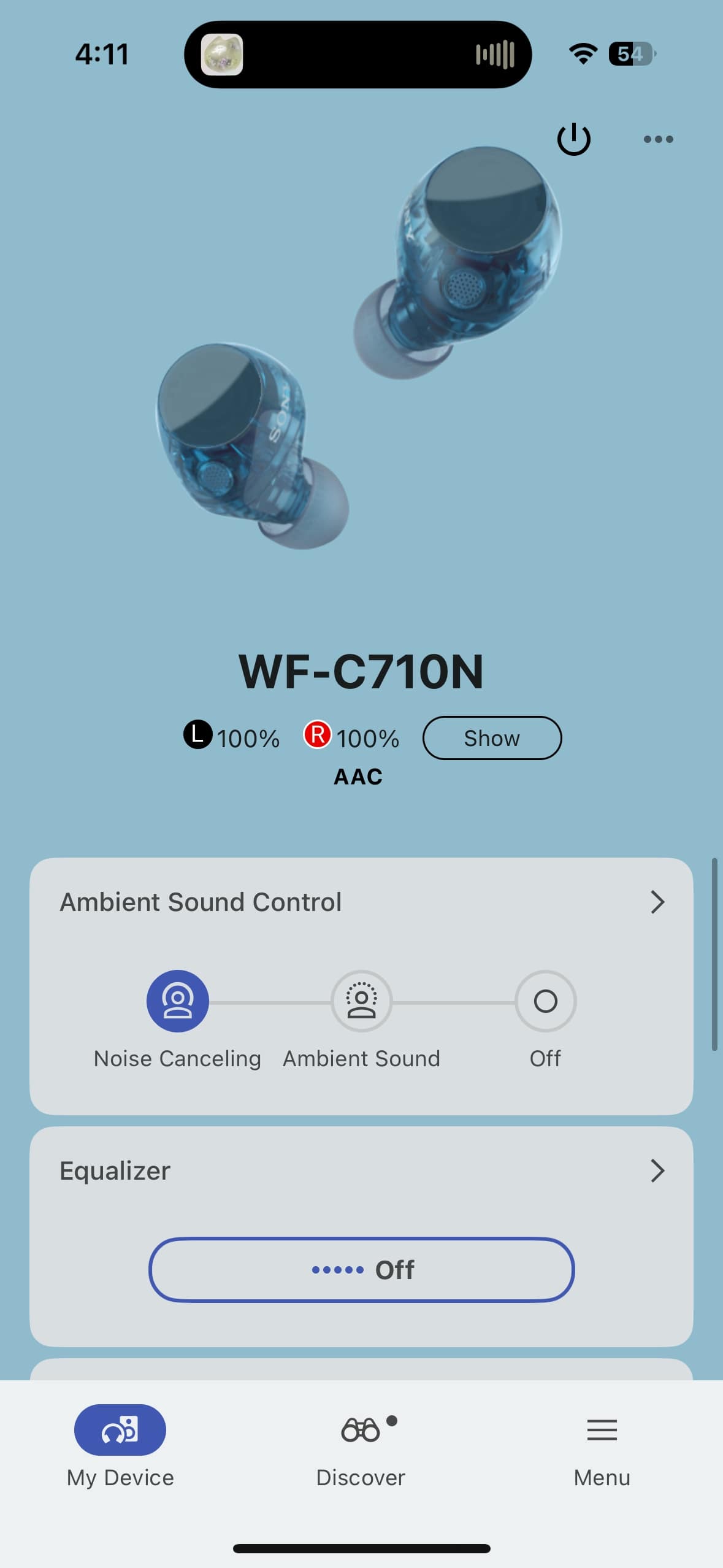 Sony WF-C710N sound connect app home screen.