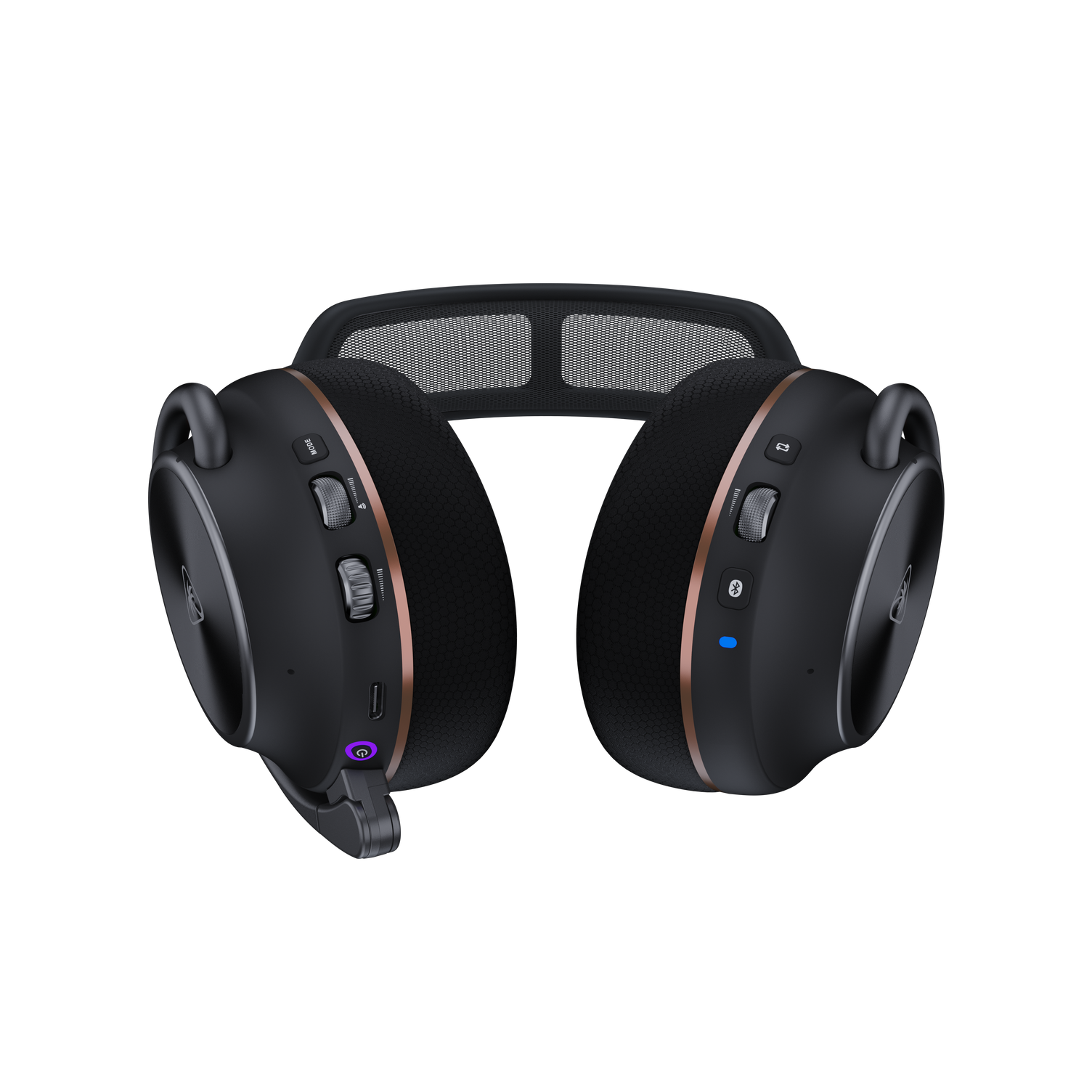 Underside view of Turtle Beach Stealth Pro 2 earcups showing volume dials, mode buttons, USB-C port, and Bluetooth controls.