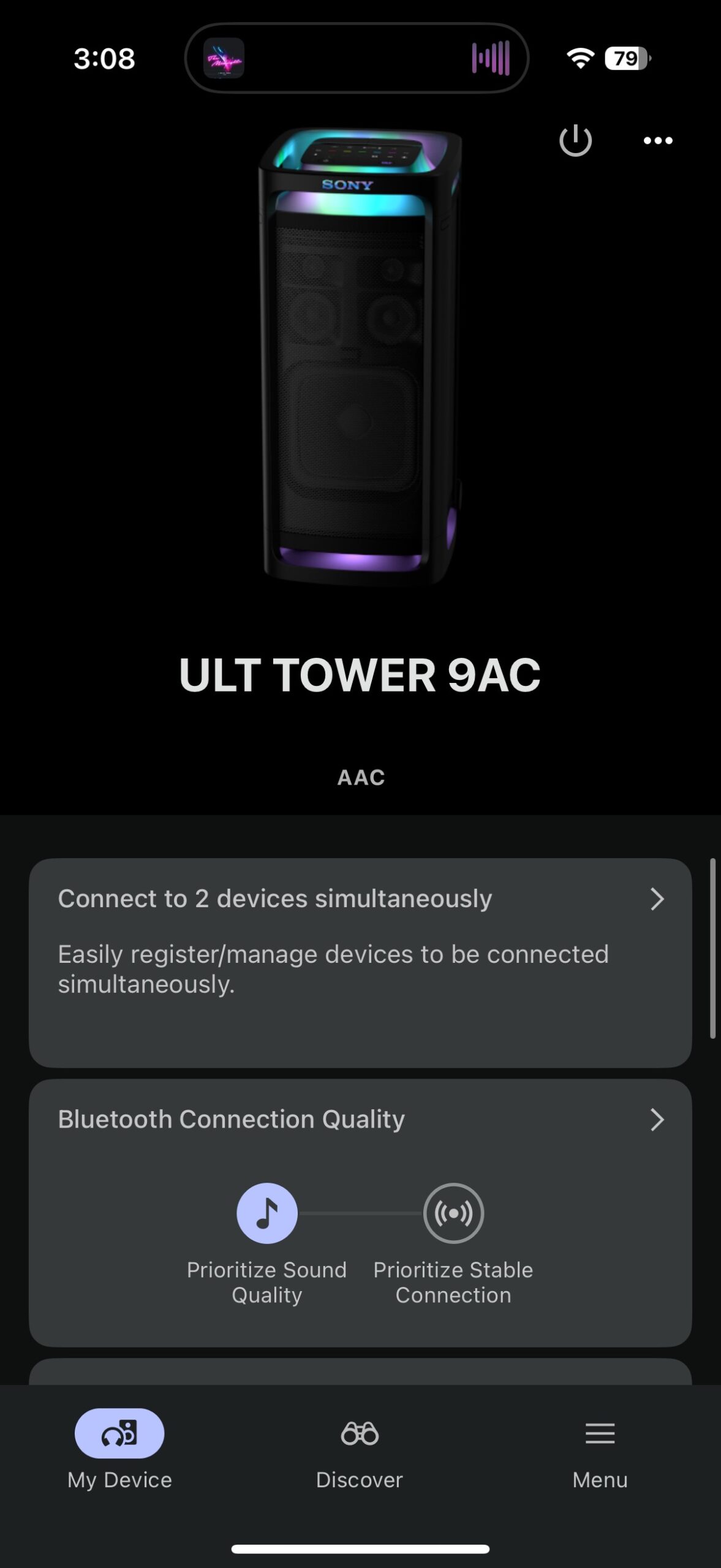Screenshot of the Sony Sound Connect app while connected to the ULT Tower 9.