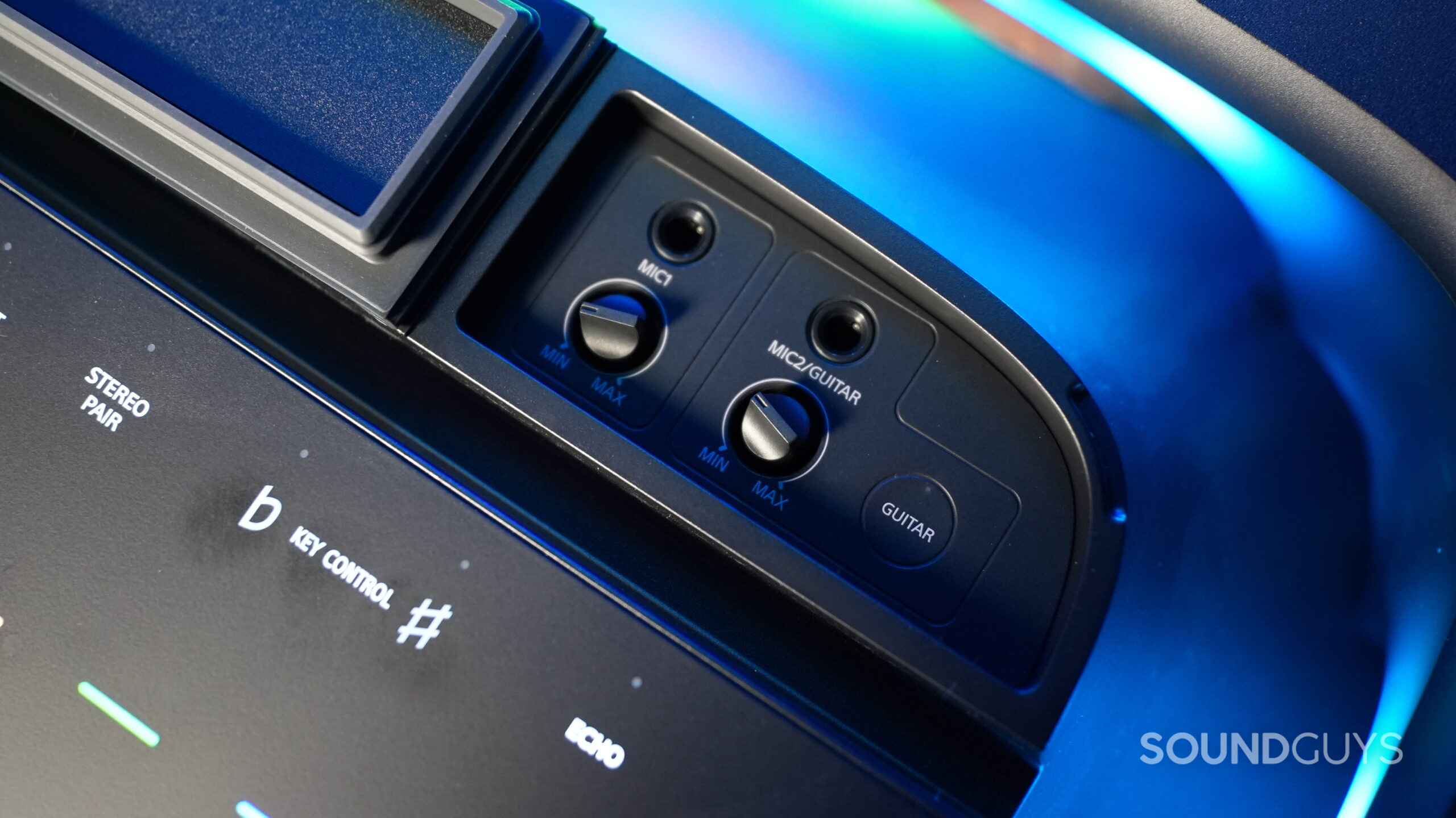Close up photo of the Sony ULT Tower 9's microphone inputs and controls.
