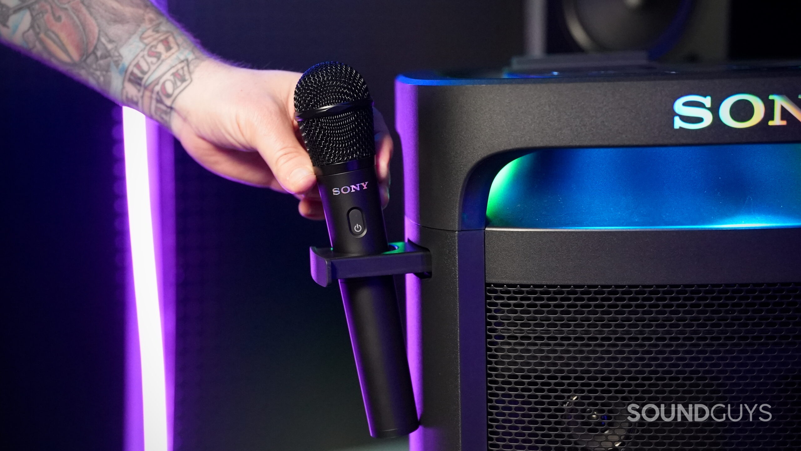 Photo showing the Sony ULT Tower 9's built-in microphone holders.