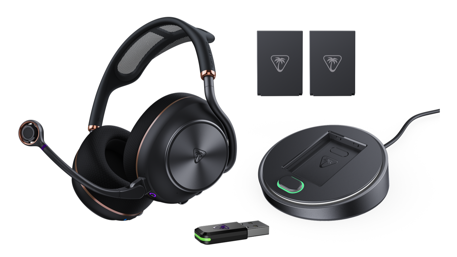 tb stealth pro black battery Turtle Beach Stealth Pro 2 wireless gaming headset with detachable boom mic, dual swappable batteries, USB transmitter, and charging base on a black background.