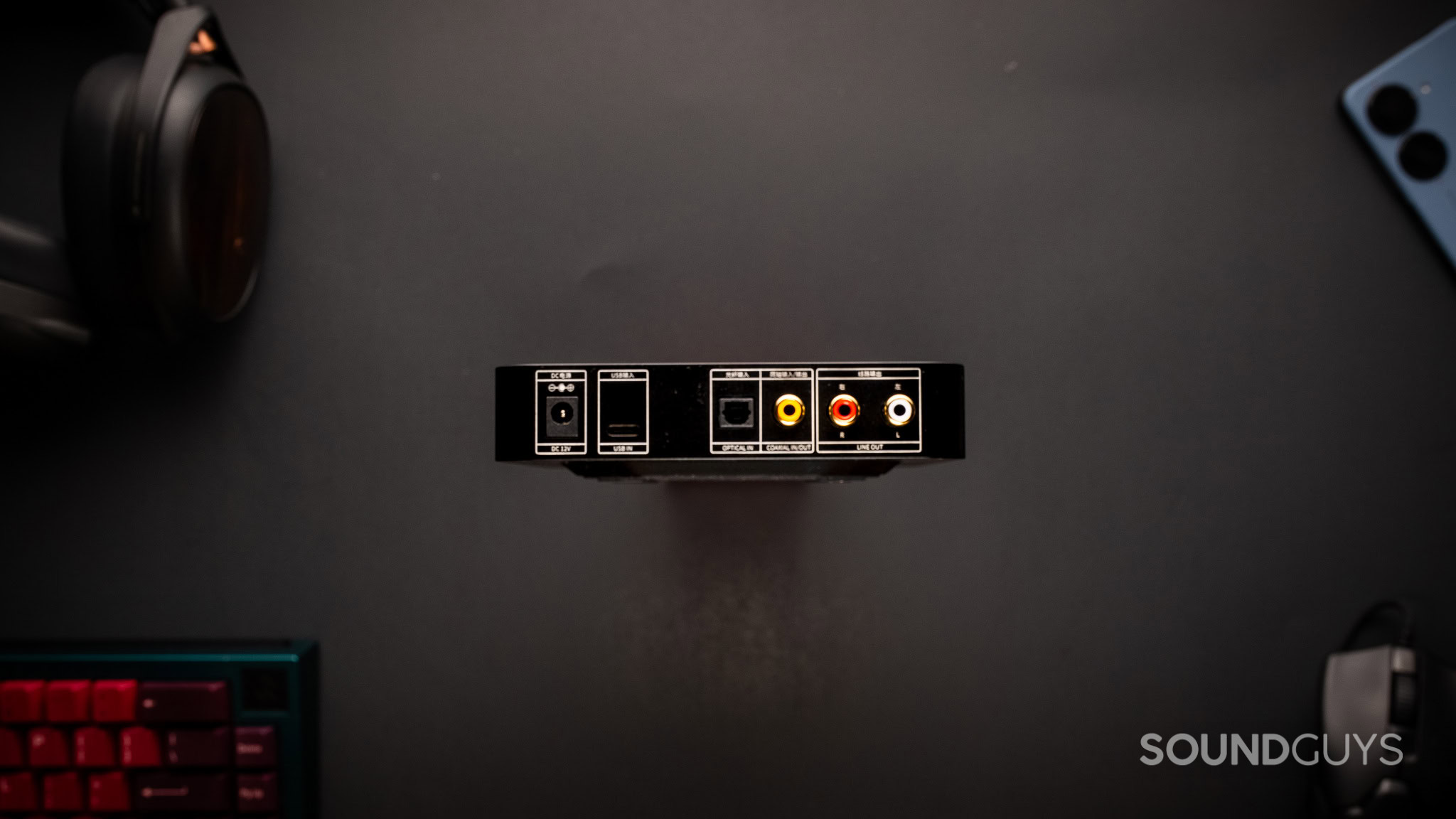 Fiio K11 IO Fiio K11 input and outputs at the back of the unit. Includes, optical in, coaxial in, RCA out, USB-C input, and the power barrel input.