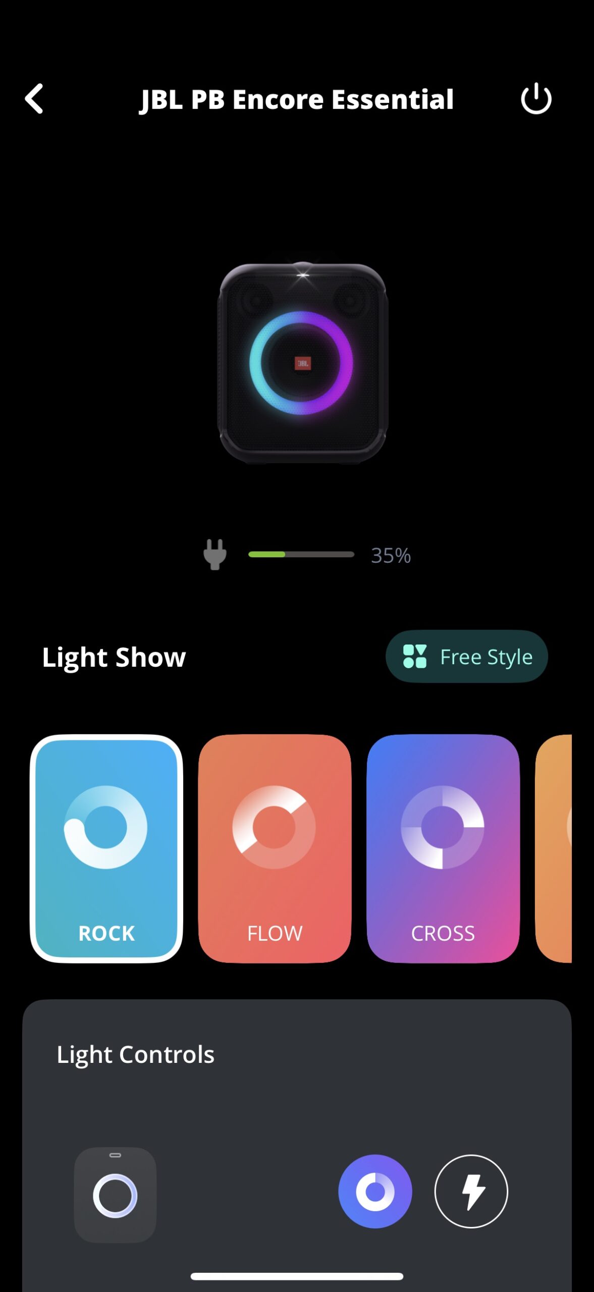 Screenshot of the JBL PartyBox app while connected to the Encore Essential.