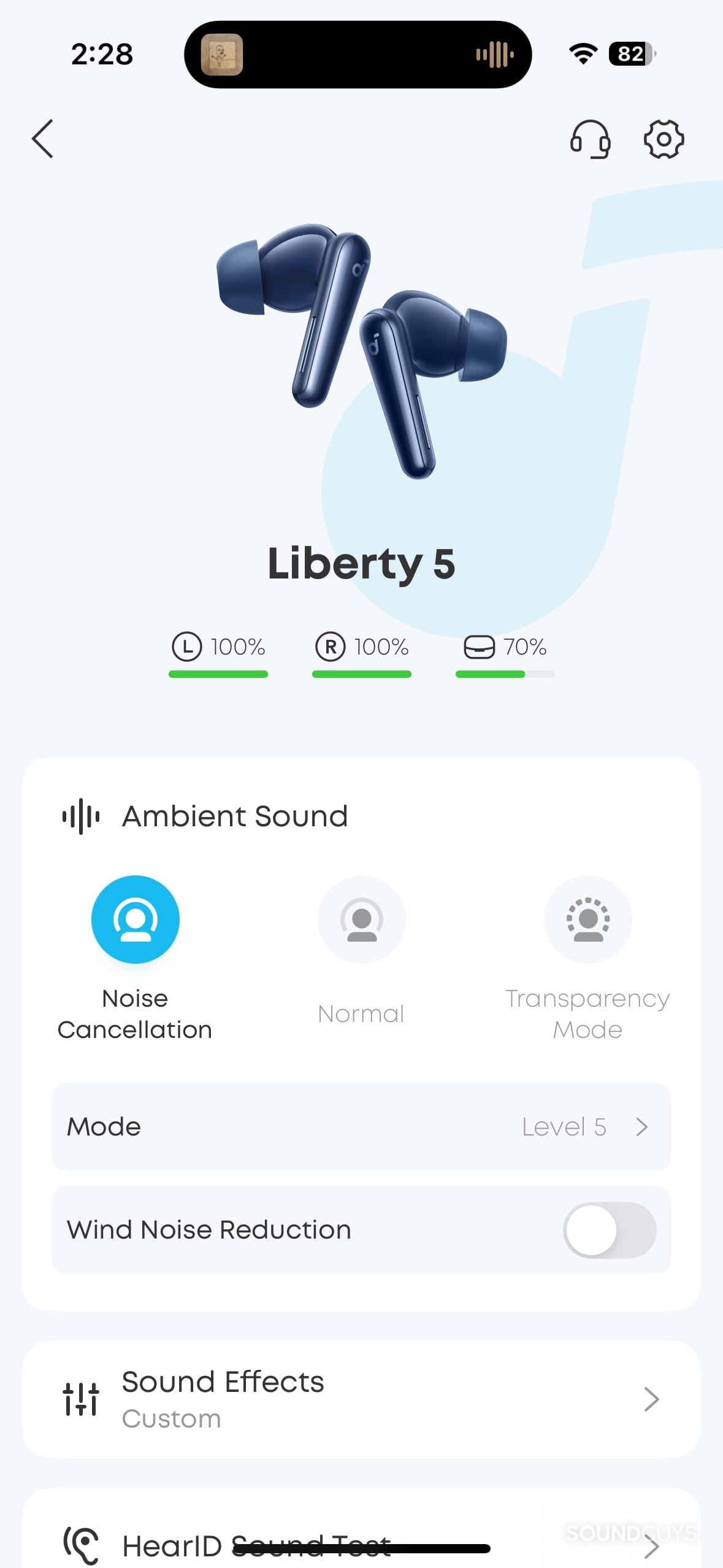 Screenshot of the Soundcore app for the Liberty 5 earbuds showing battery life and listening modes.