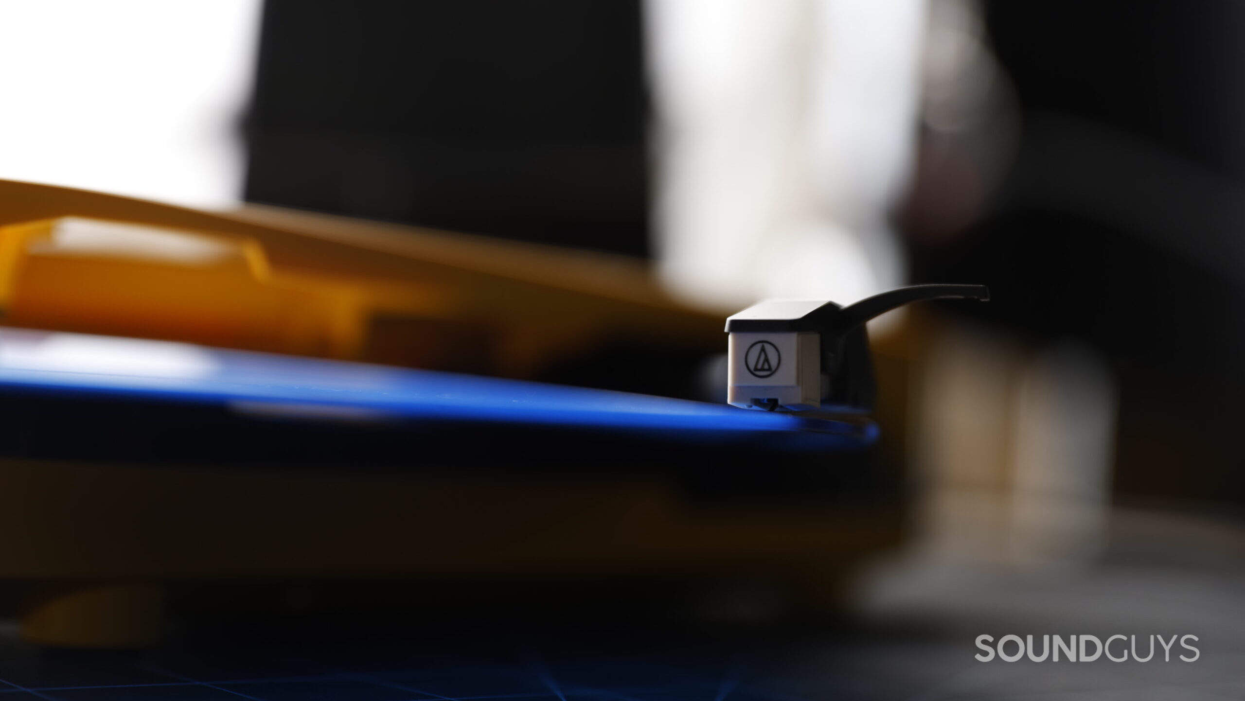 Soundburger-Blue-Closeup-3 A close-up of the Audio-Technica ATN3600L stylus, attached to the Sound Burger and playing a bright blue record.