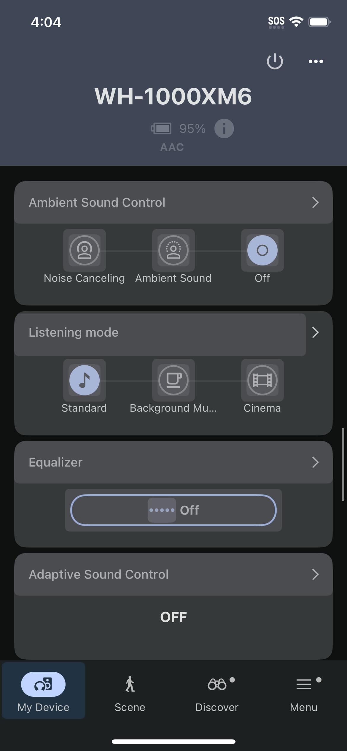 Sony WH-1000XM6 sound connect app home screen.