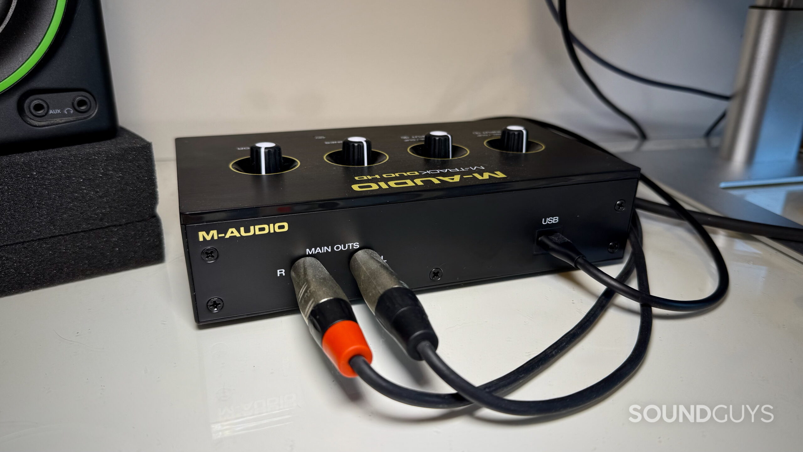 M-Audio M-Track Duo HD interface on a desktop, showing its rear ports.