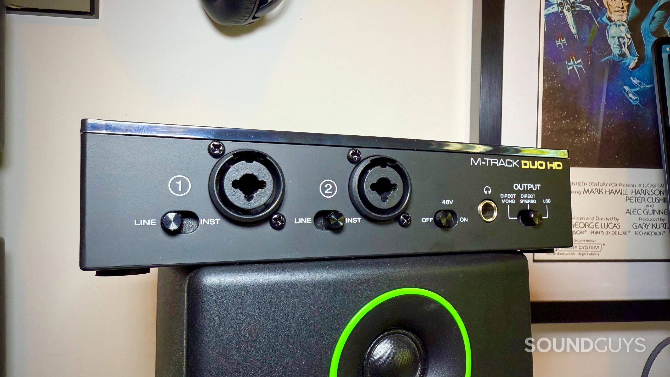M-Audio M-Track Duo HD interface on a desktop, showing its inputs.