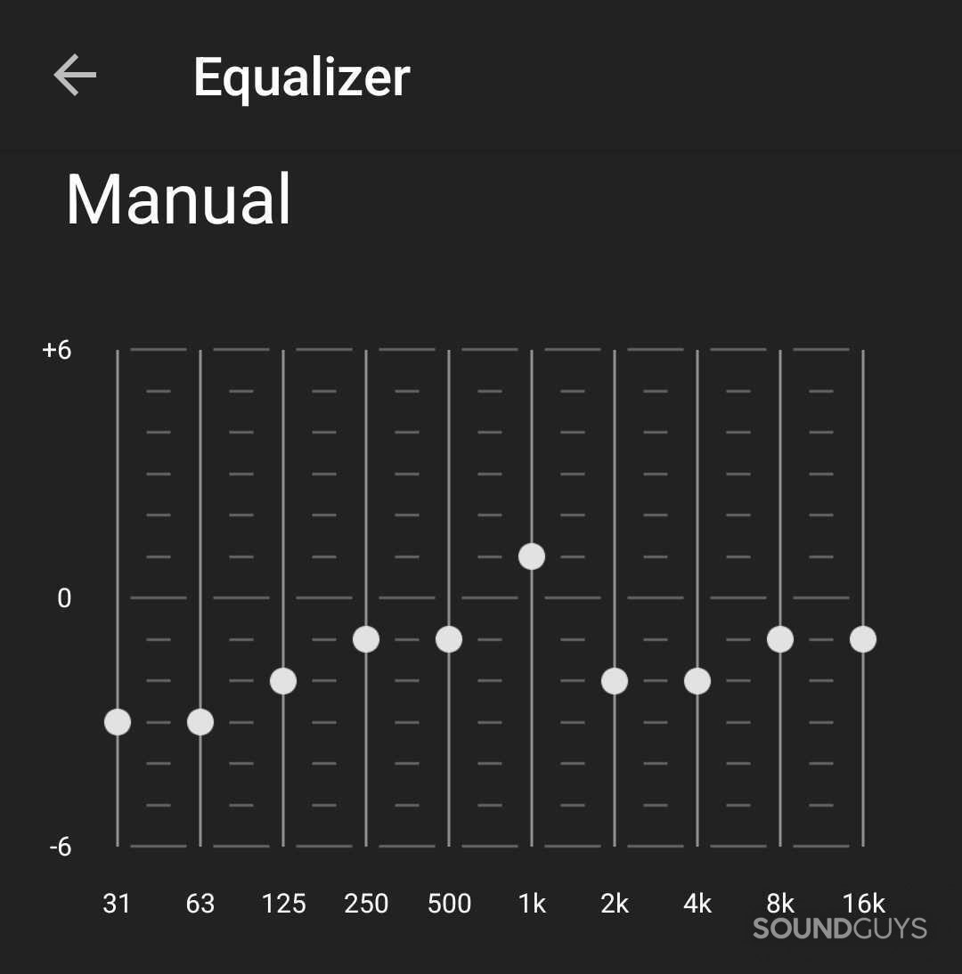 A cropped screenshot of the Sony WH-1000XM6's 10-band equalizer with adjusted settings.