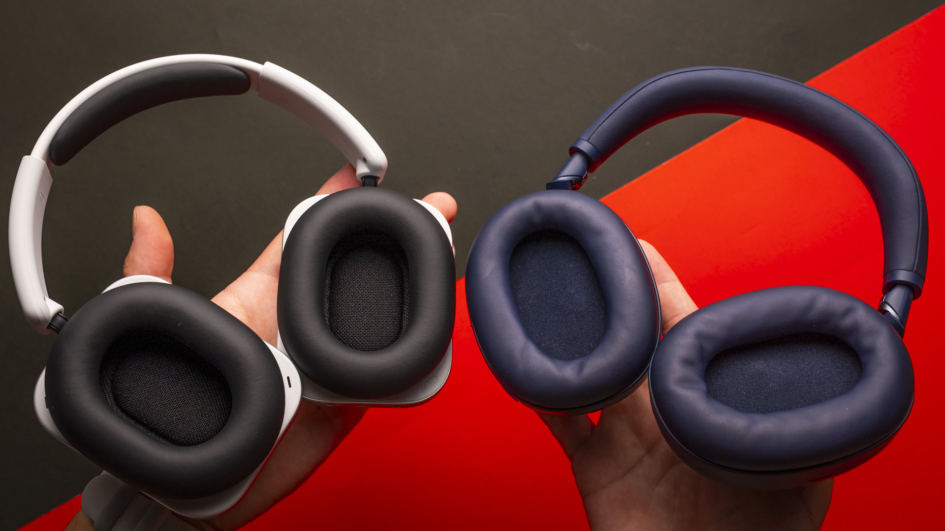 A top-down shot of the padding of the Nothing Headphones (1) vs. Sony WH-1000XM6.