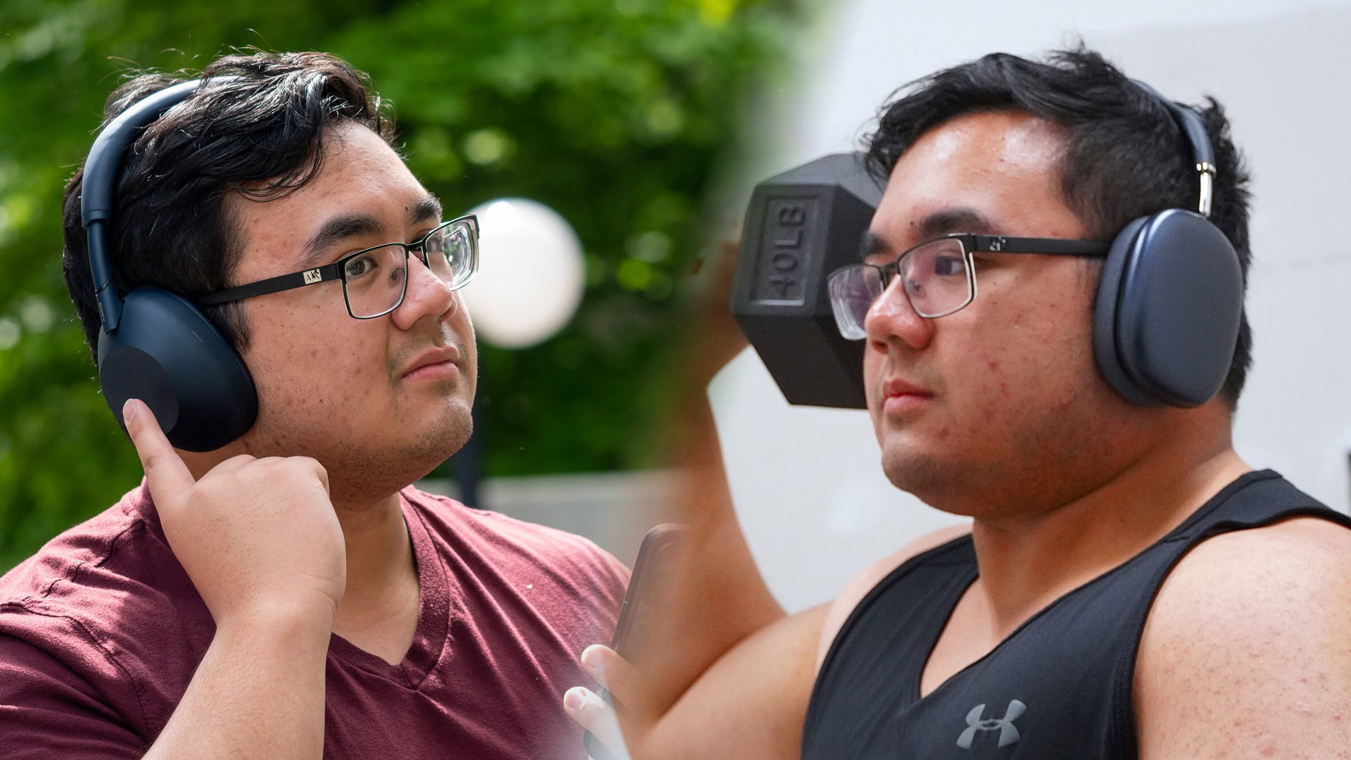 sony-wh-1000xm6-vs apple airpods max sound quality A side-by-side composite of the same man wearing the Apple AirPods Max and the Sony WH-1000XM6.