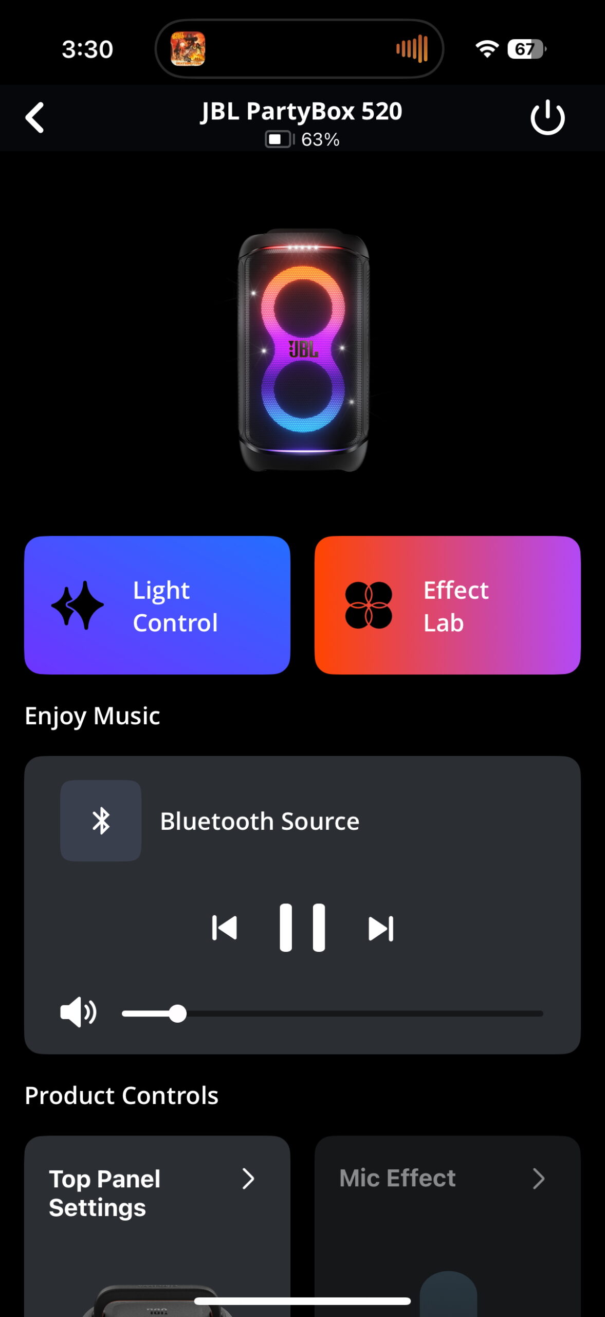 Screenshot of the JBL PartyBox app while connected to the 520