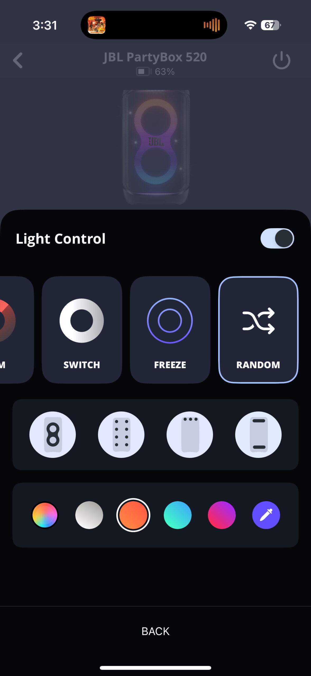 Screenshot of the JBL PartyBox app while connected to the 520