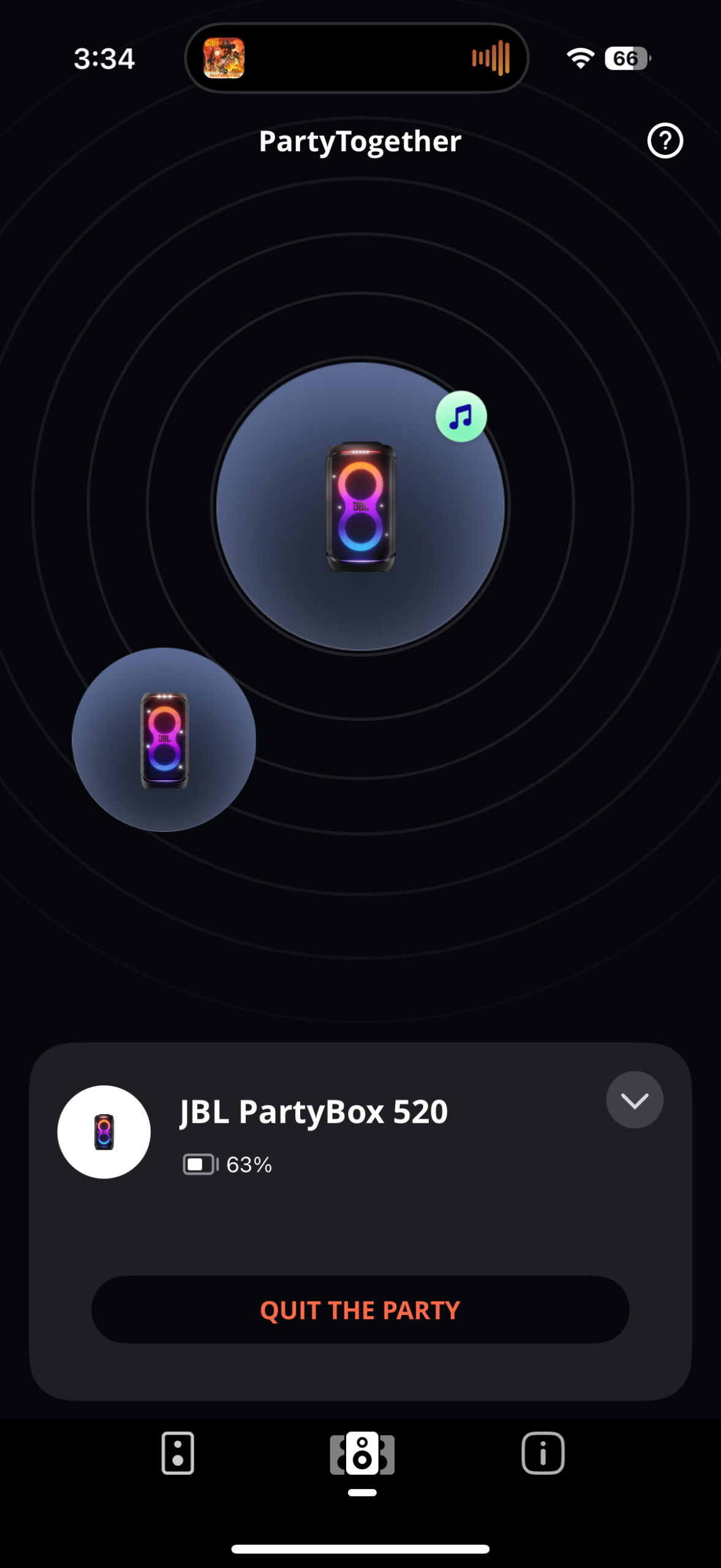Screenshot of the JBL PartyBox app while connected to the 520