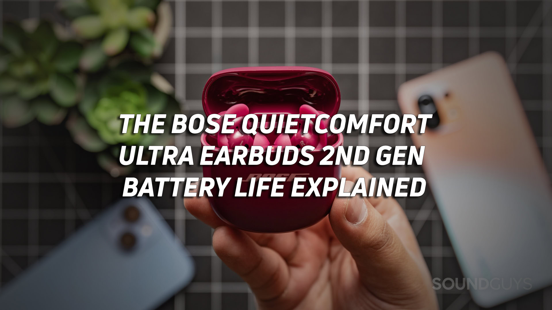 BOSE-QUIETCOMFORT-ULTRA-EARBUDS-2ND-GEN-BATTERY-LIFE A photo of the Bose QuietComfort Ultra 2nd Gen with the text "the bose quietcomfort ultra battery life explained" overlaid.