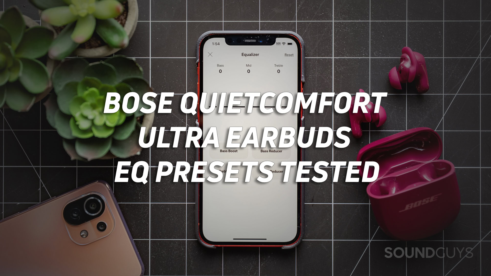 BOSE-QUIETCOMFORT-ULTRA-EQ-PRESETS-HERO A photo of the Bose app open to the equalizer screen, with the text "Bose QuietComfort Ultra Earbuds EQ presets tested" overlaid on top.