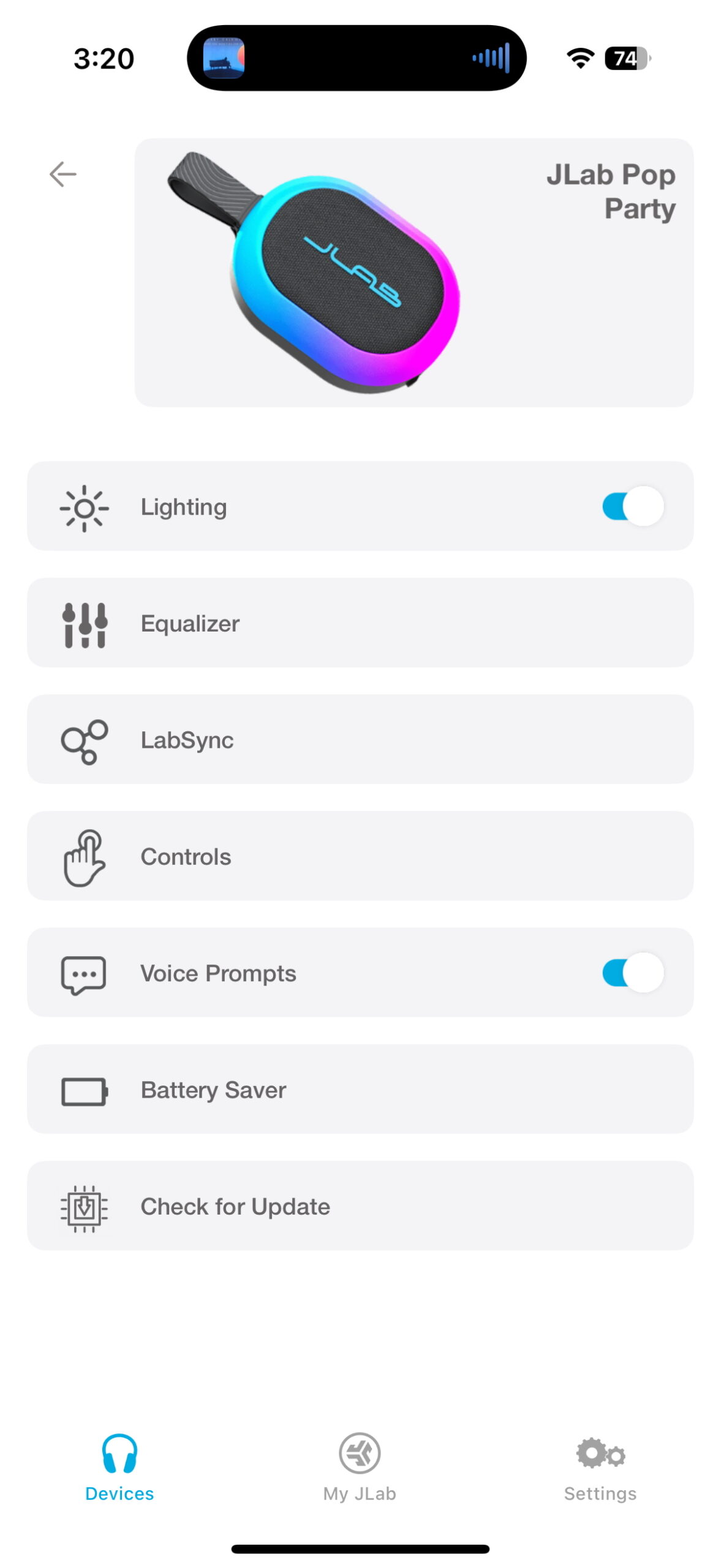 Screen shot of the JLab app while connected to the Pop Party.
