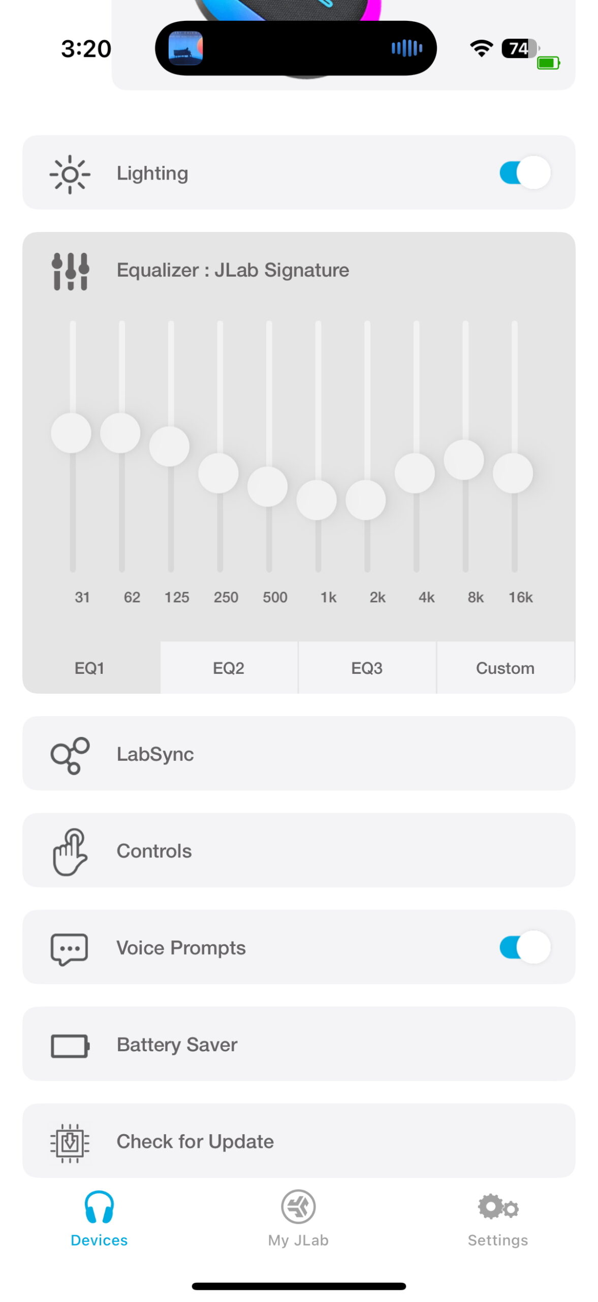Screen shot of the JLab app while connected to the Pop Party.