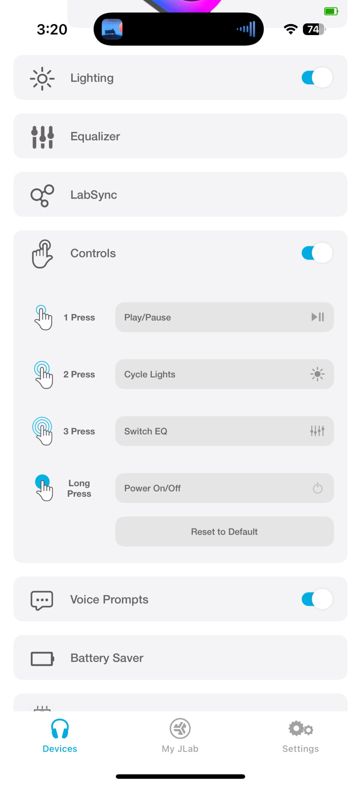 Screen shot of the JLab app while connected to the Pop Party.
