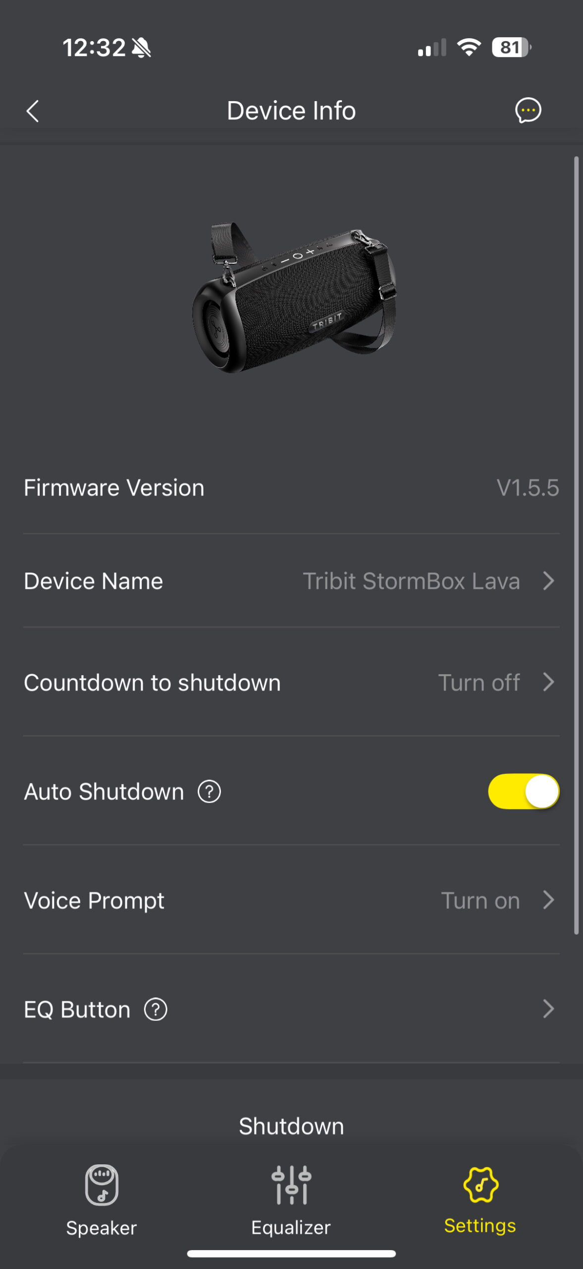 Screenshot of the TriBit app while connected to the StormBox Lava