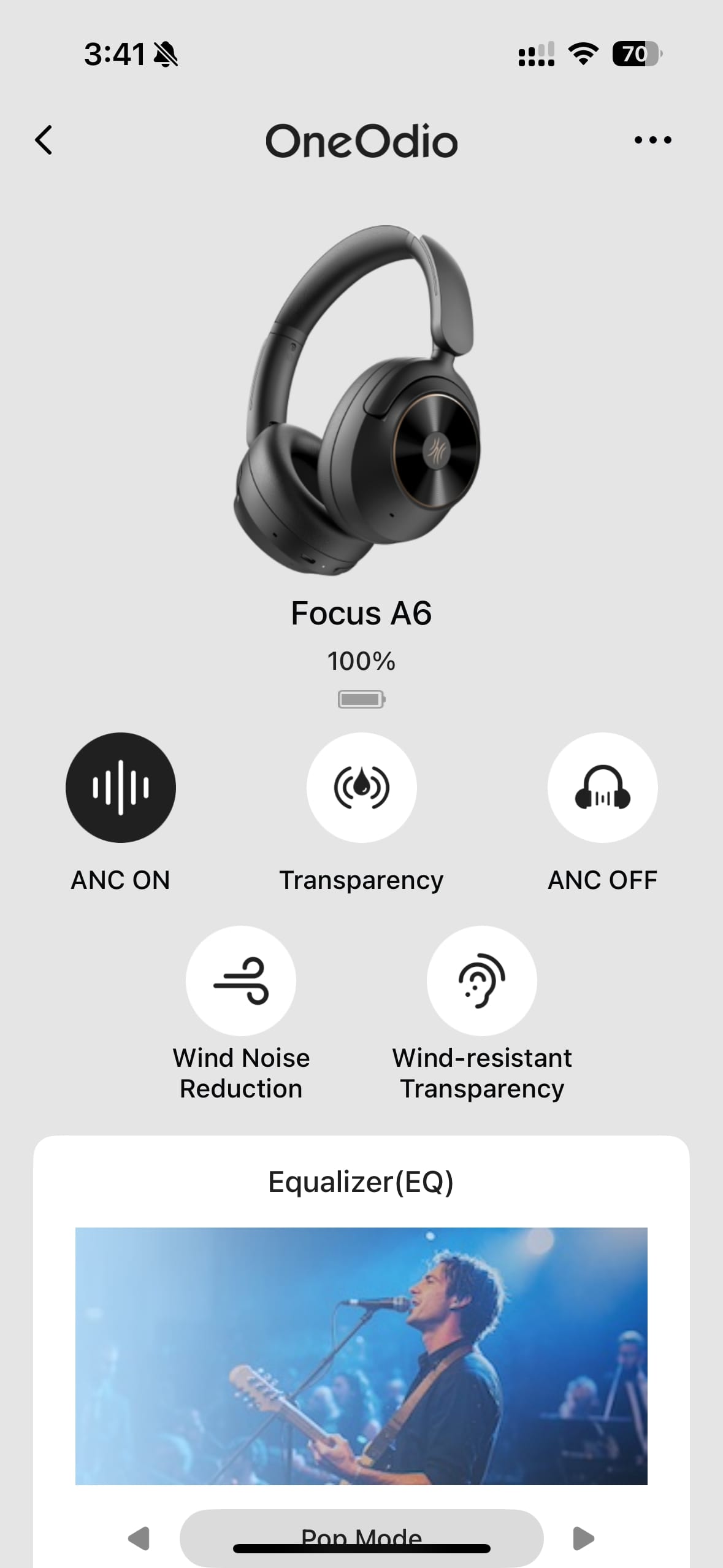 OneOdio Focus A6 app home screen.