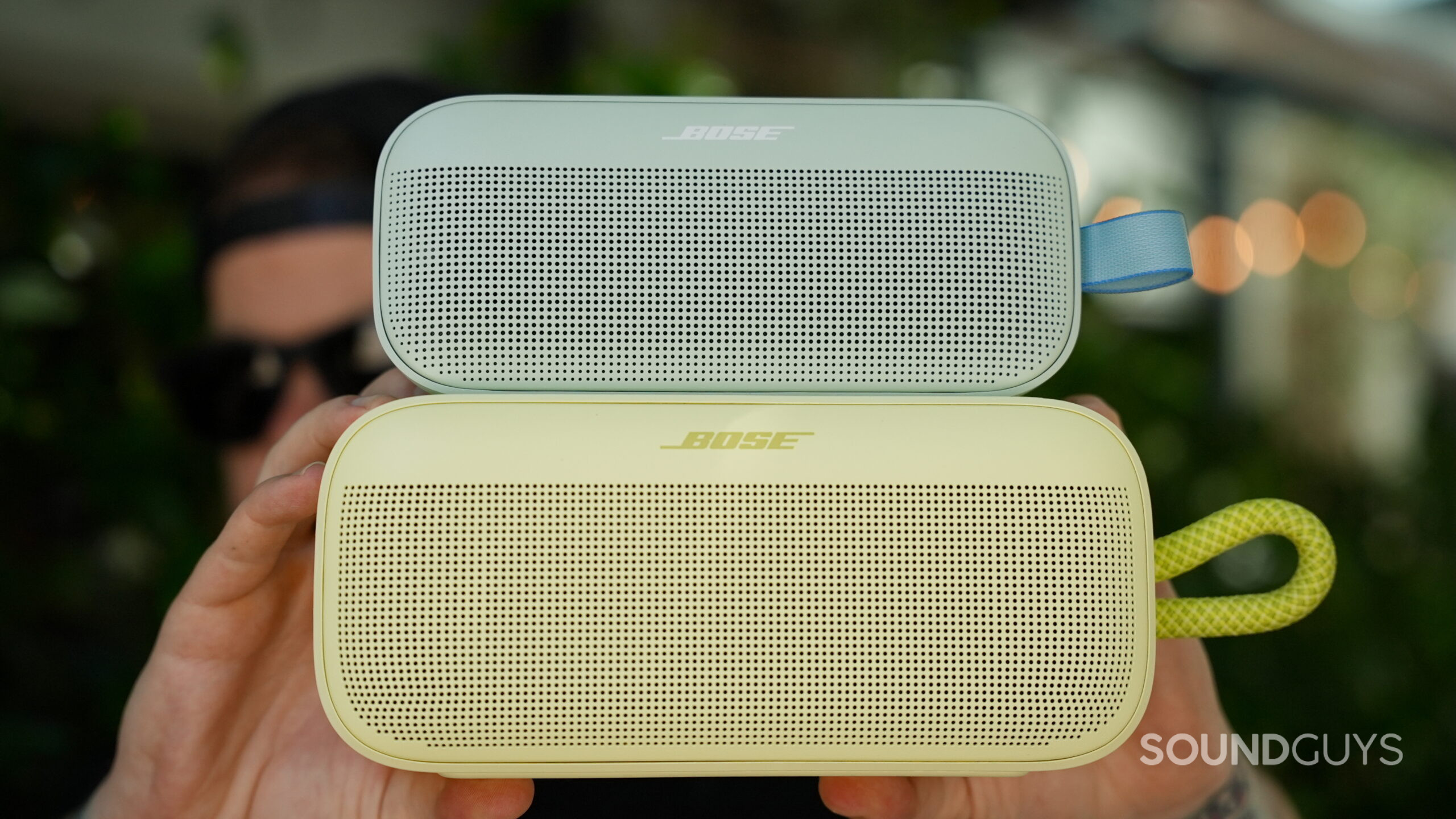 SL Plus vs Flex - 3 A Bose SoundLink Flex stacked on top of a Bose SoundLink Plus.
