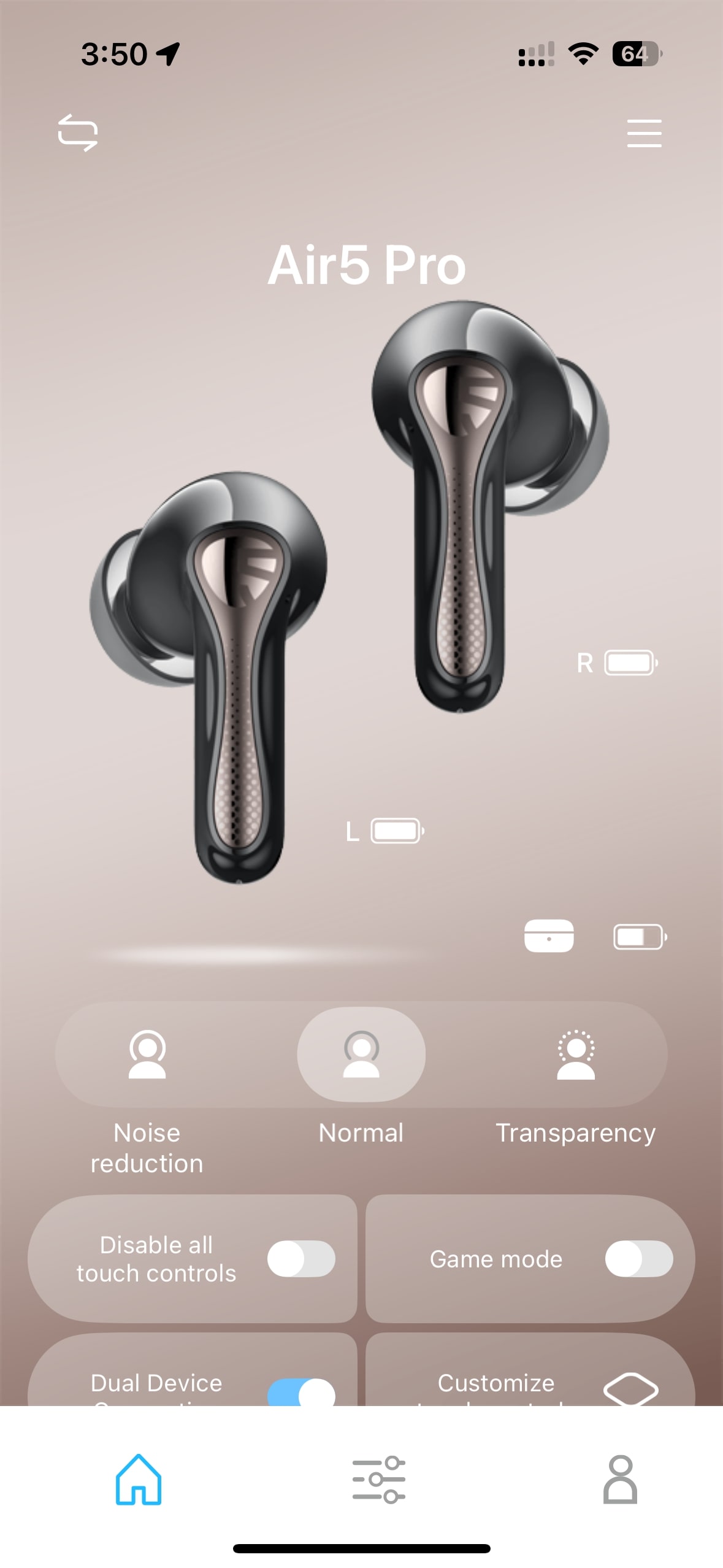 SOUNDPEATS Air5 Pro PeatsAudio app home screen.
