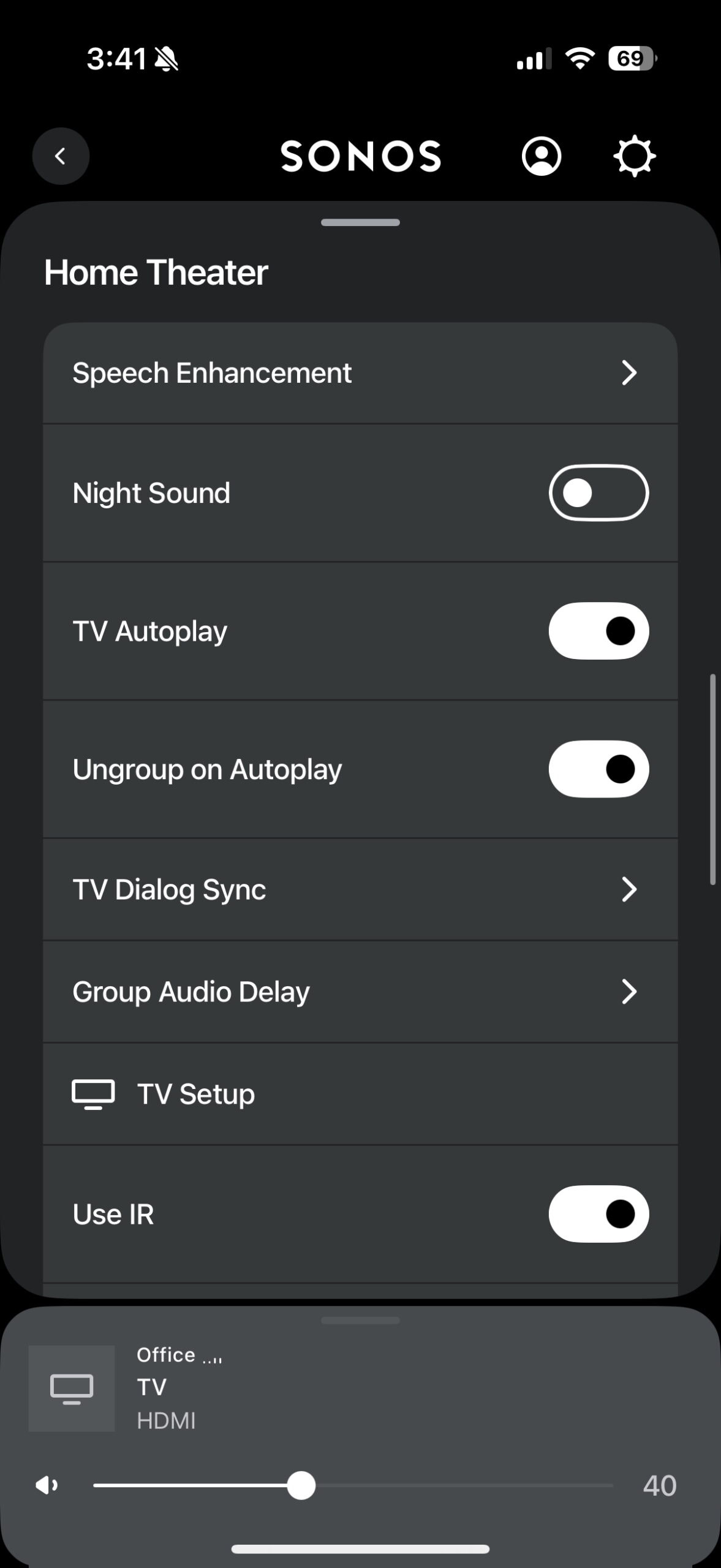 Screenshot of the Sonos app while connected to the Sonos Arc Ultra and Sub