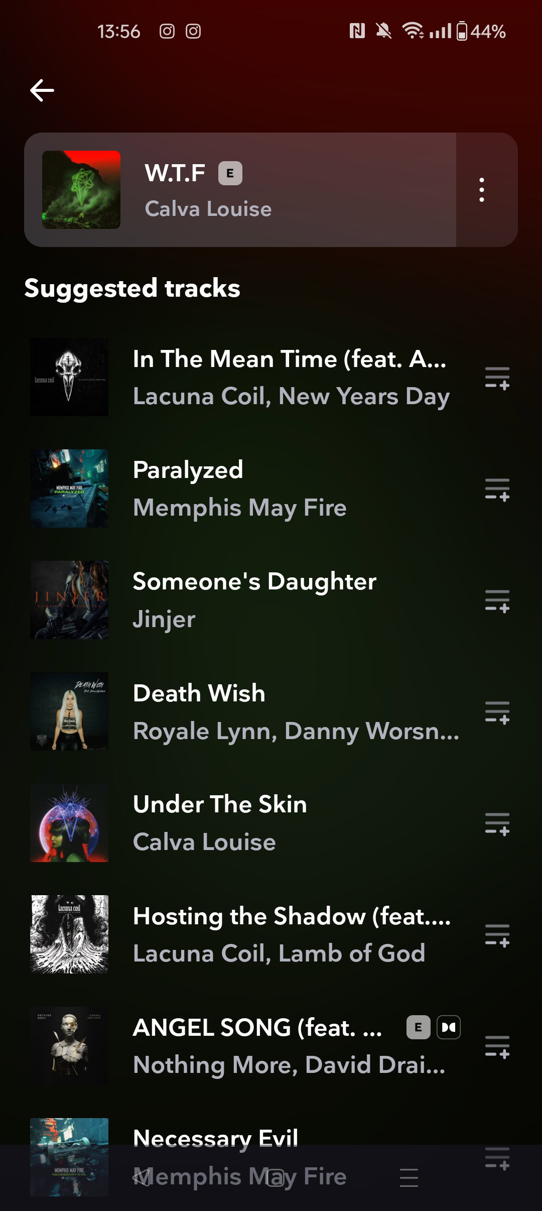 A screenshot of Tidal recommended tracks.