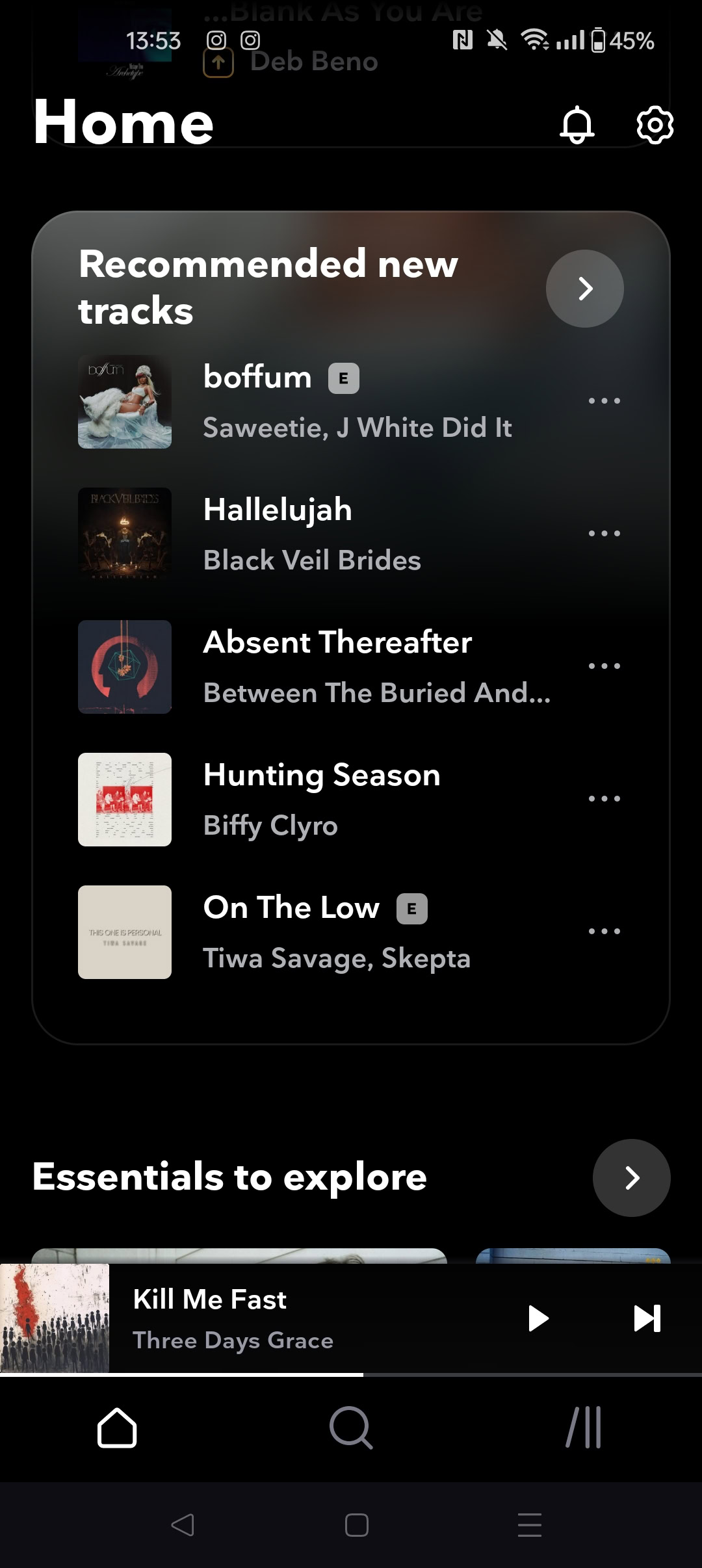 A screenshot of recommended songs on Tidal.