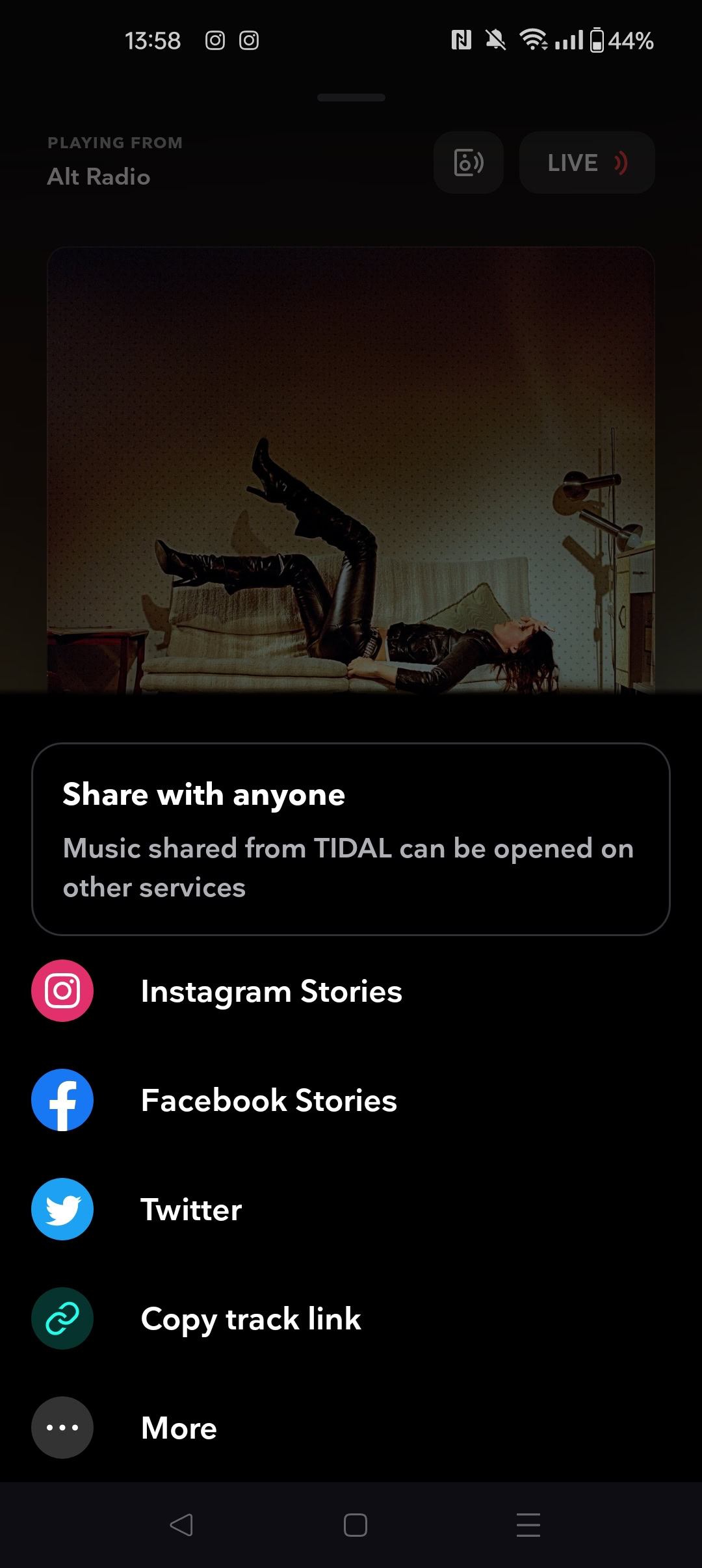 A screenshot of the Tidal social media sharing screen.