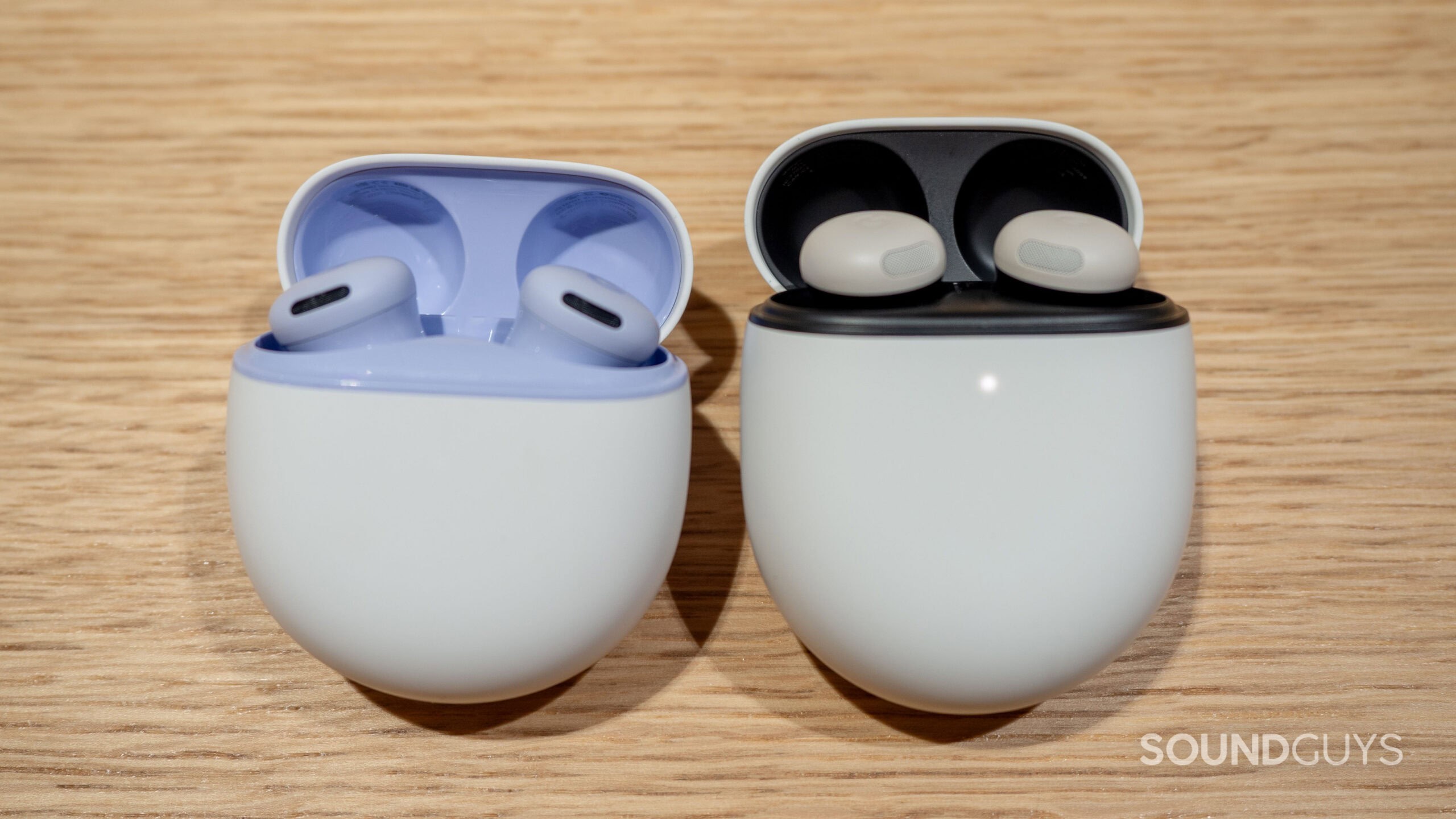 google-pixel-buds-2a-vs-pixel-buds-2-pro-3 Pixel Buds 2a next to Pixel Buds Pro 2.