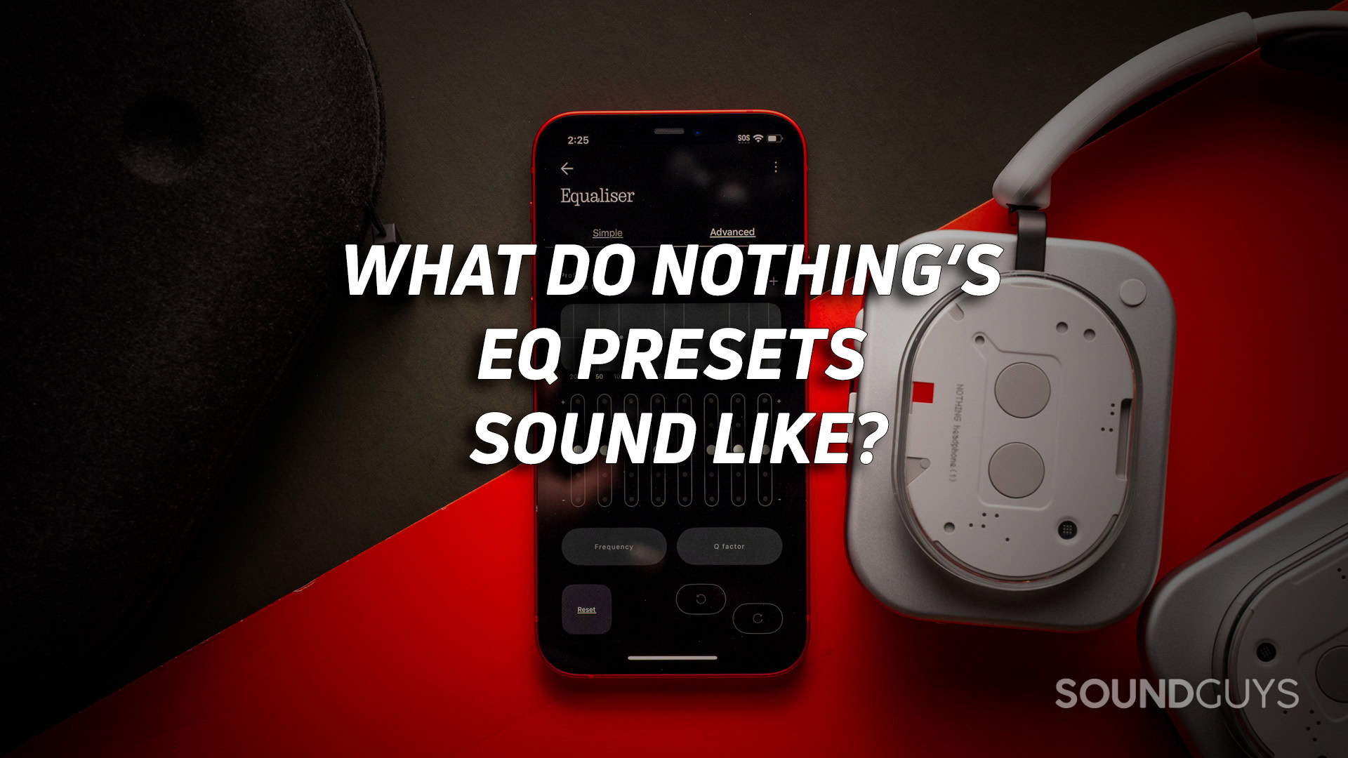 nothing-headphone-1-eq-hero A photo of the Nothing Headphone (1), an iPhone with the equalizer app open, and the text "What do Nothing's EQ presets sound like?" overlaid.