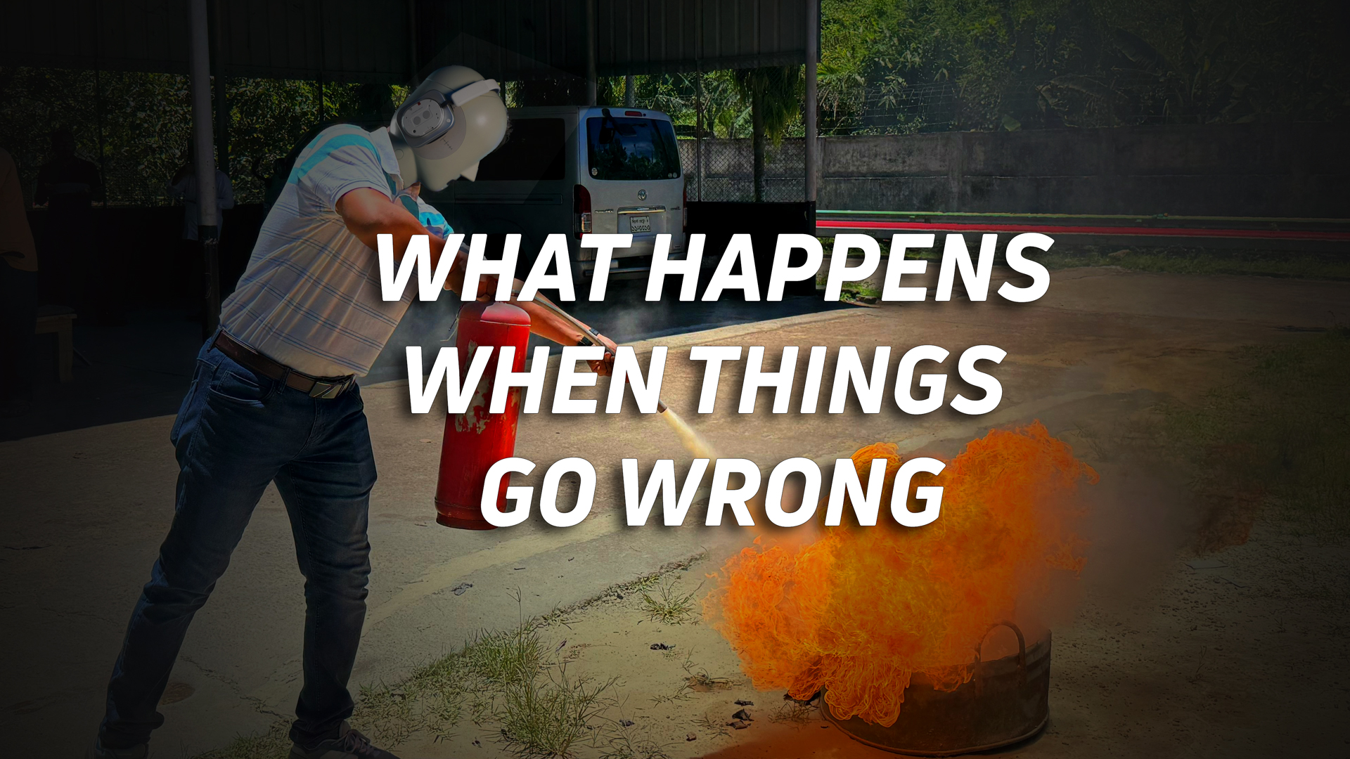 what-happens-when-things-go-wrong-hero A photo of a man with Bruel & Kjaer 5128 head, extinguishing a fire, with the text "what happens when things go wrong" overlaid.
