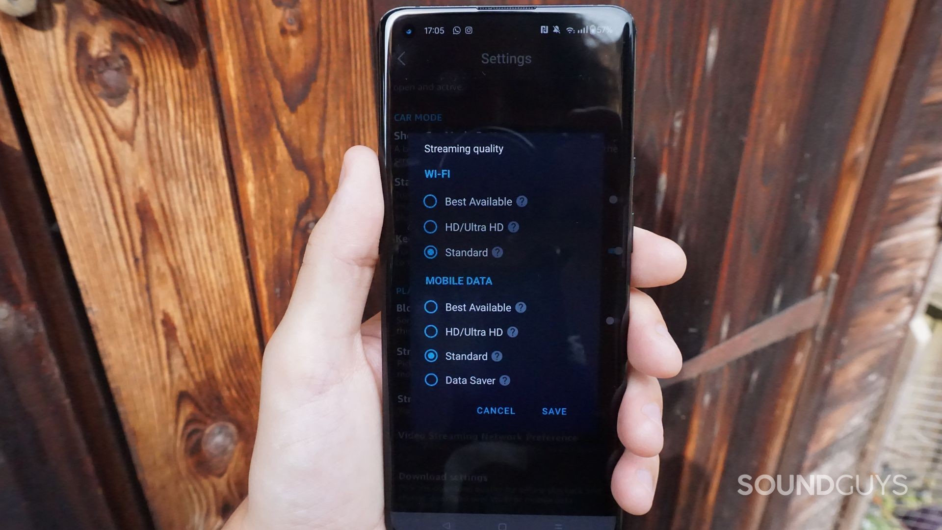 A photograph of the Amazon Music Unlimited audio quality settings menu.