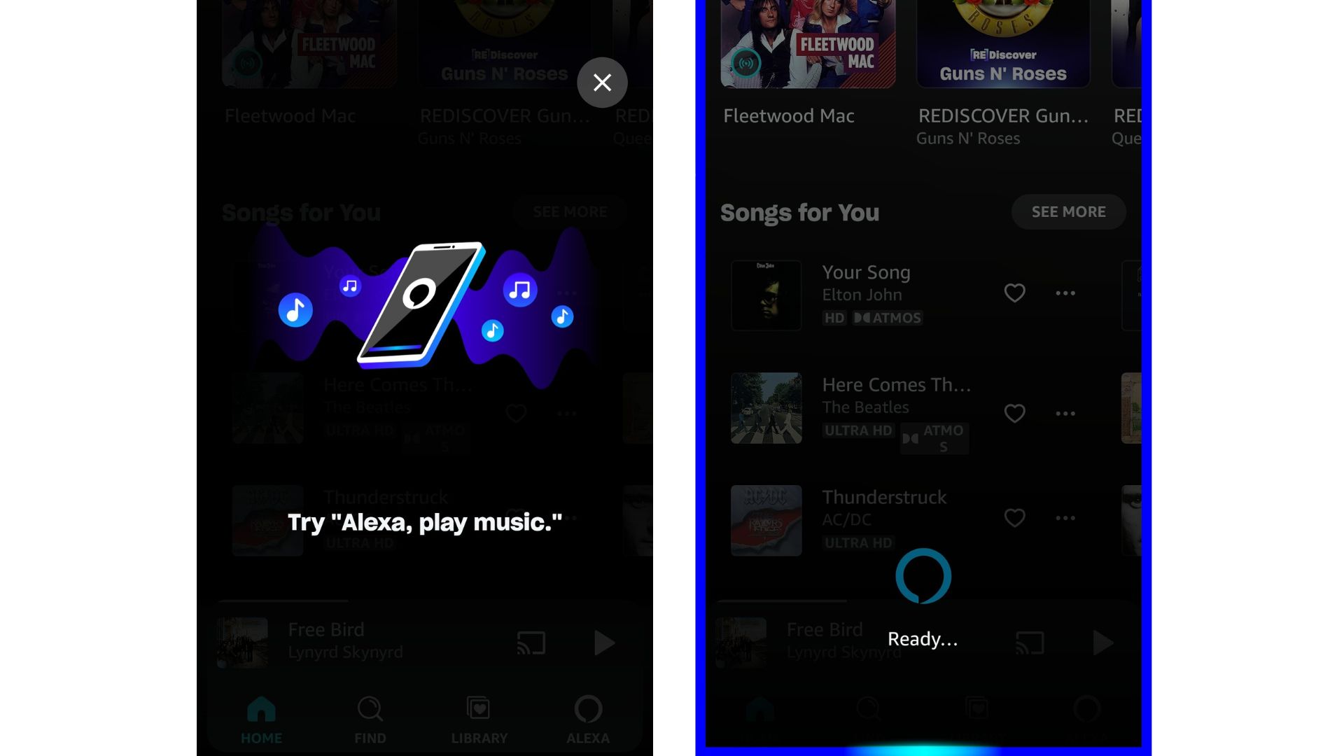Screenshots of the Alexa voice assistant in the Amazon Music app.