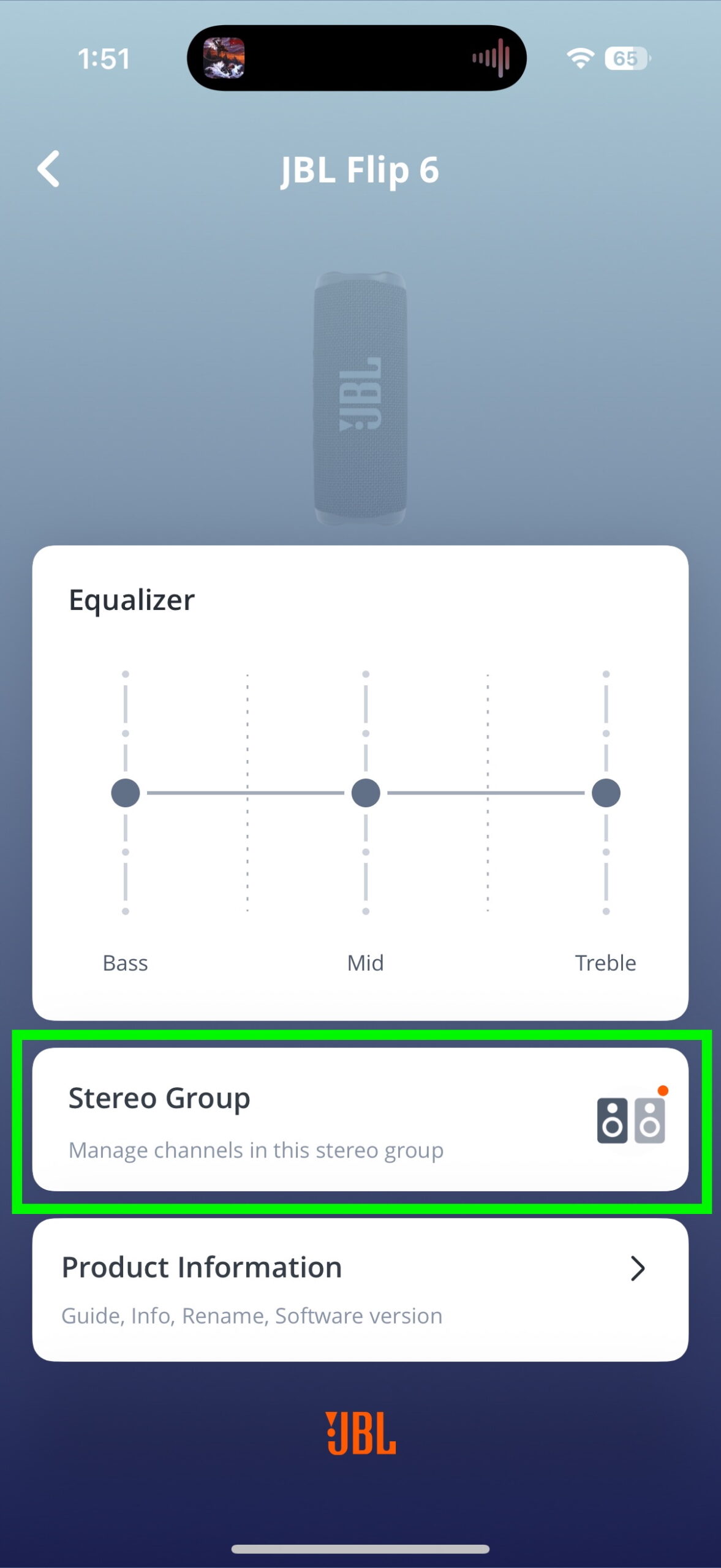 Screenshot of the JBL Portable app while connected to a Flip 6