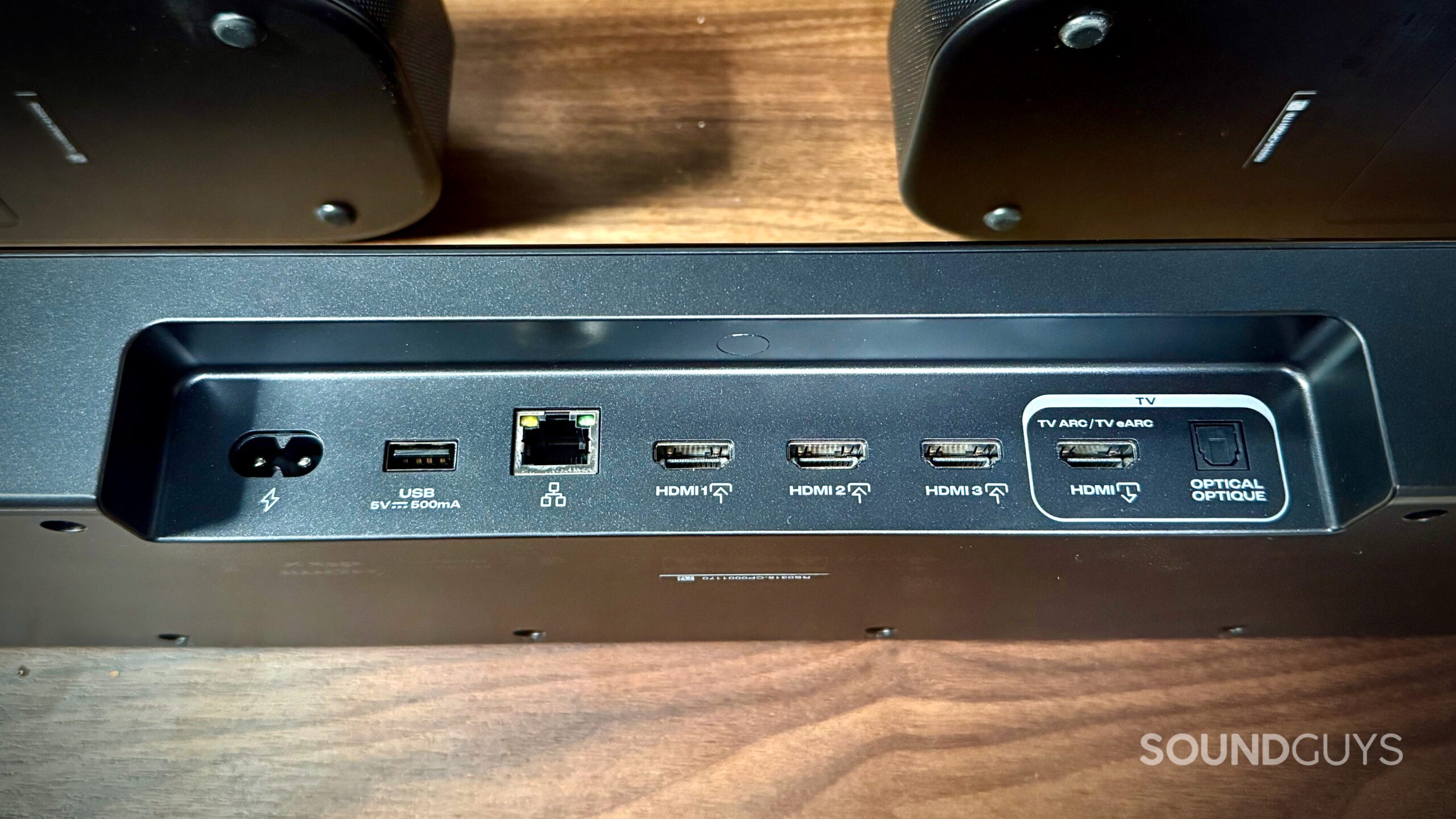 JBL Bar 1000MK2 - 5 Close-up of the JBL BAR 1000MK2’s HDMI and connectivity ports, including eARC, three HDMI inputs, Ethernet, and optical audio.