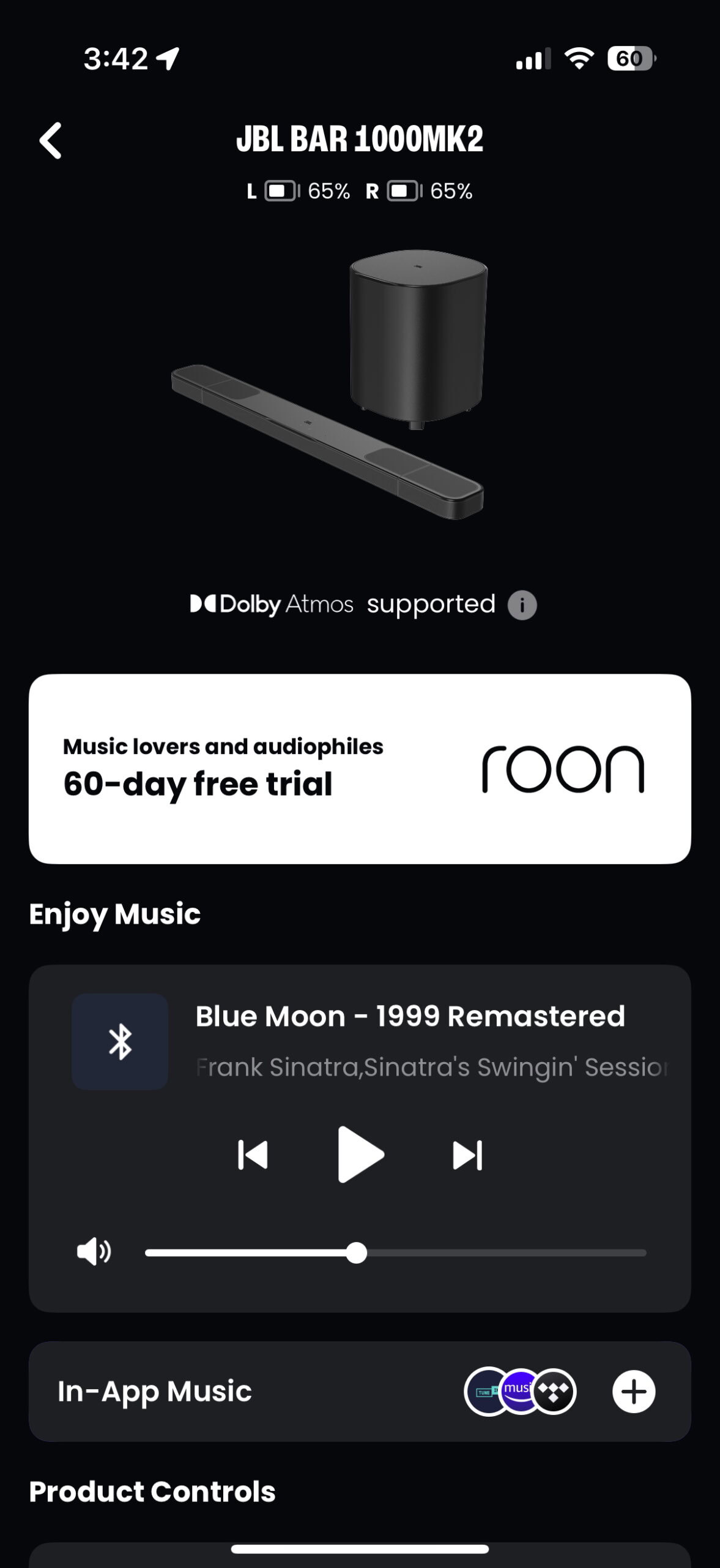 Screenshot of the JBL One app while connected to the JBL Bar 1000MK2.