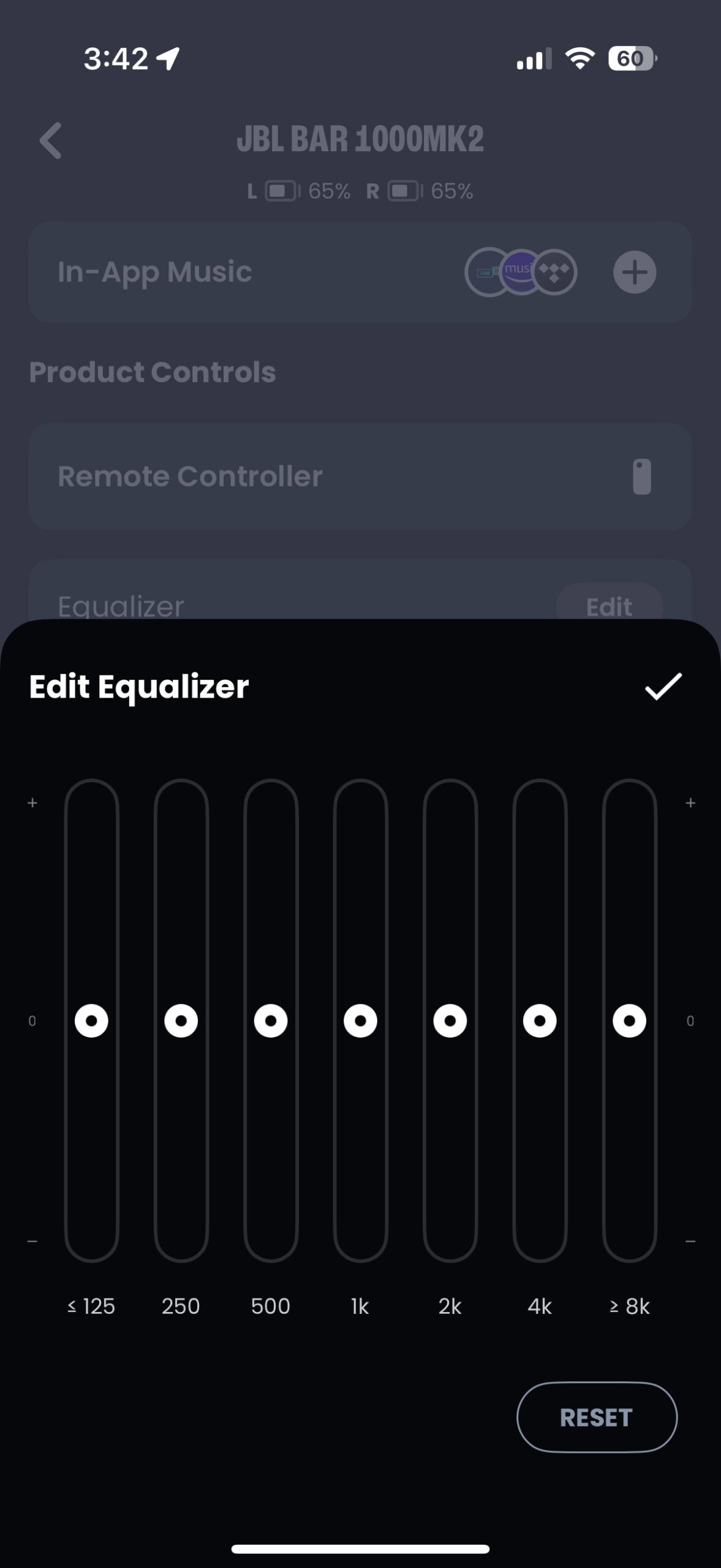 Screenshot of the JBL One app while connected to the JBL Bar 1000MK2.