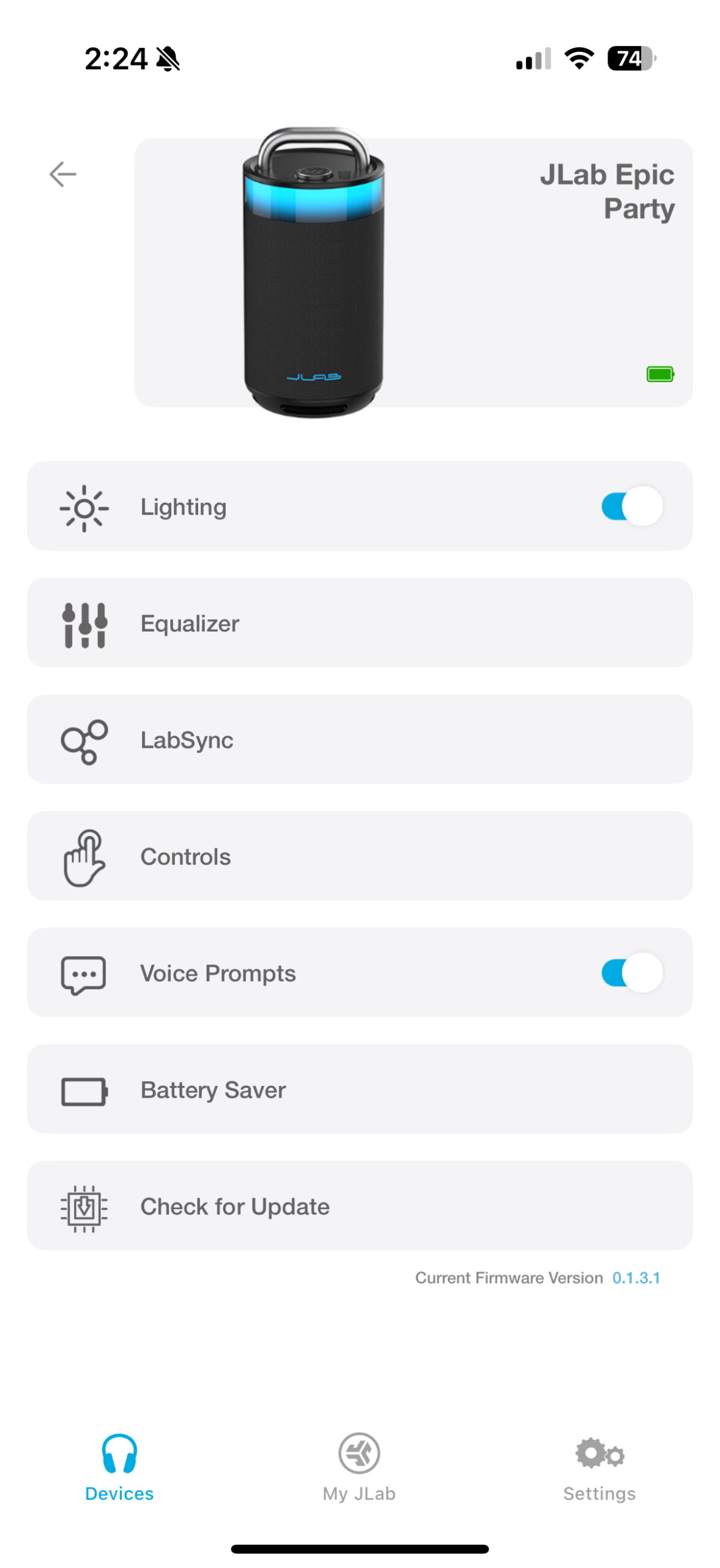 Screenshot of the JLab app while connected to an Epic Party speaker