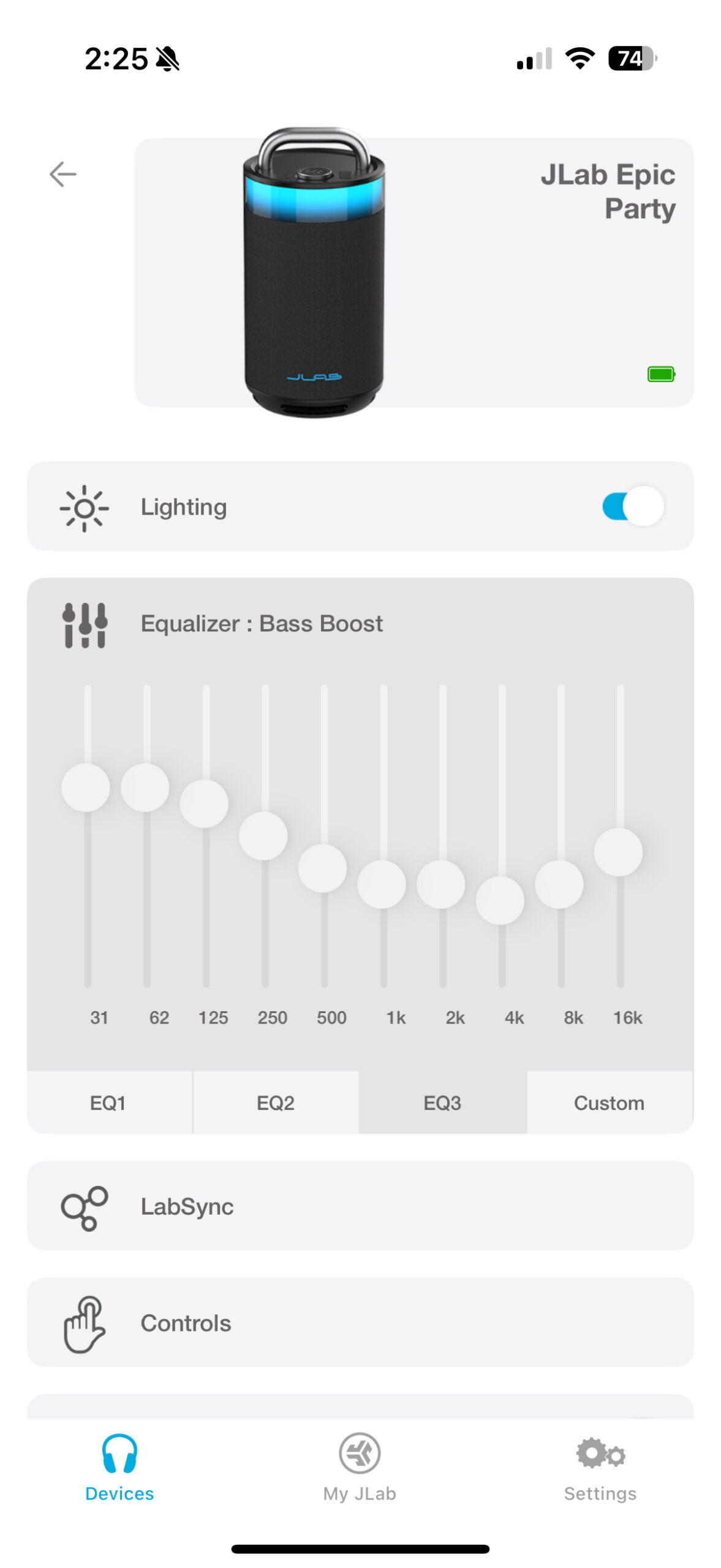 Screenshot of the JLab app while connected to an Epic Party speaker