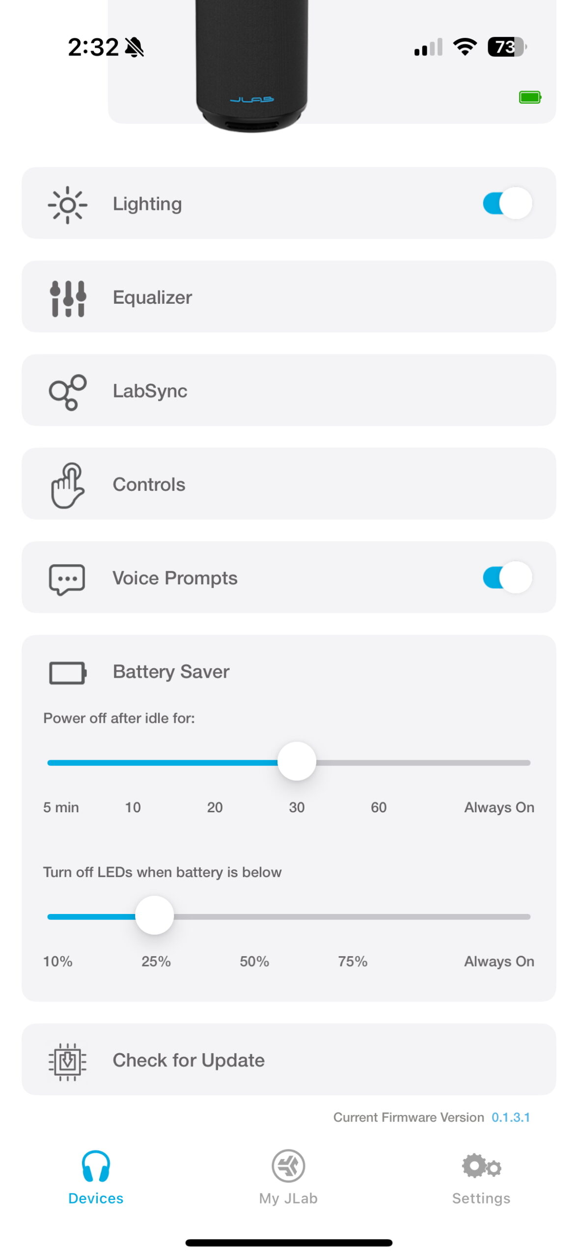 Screenshot of the JLab app while connected to an Epic Party speaker