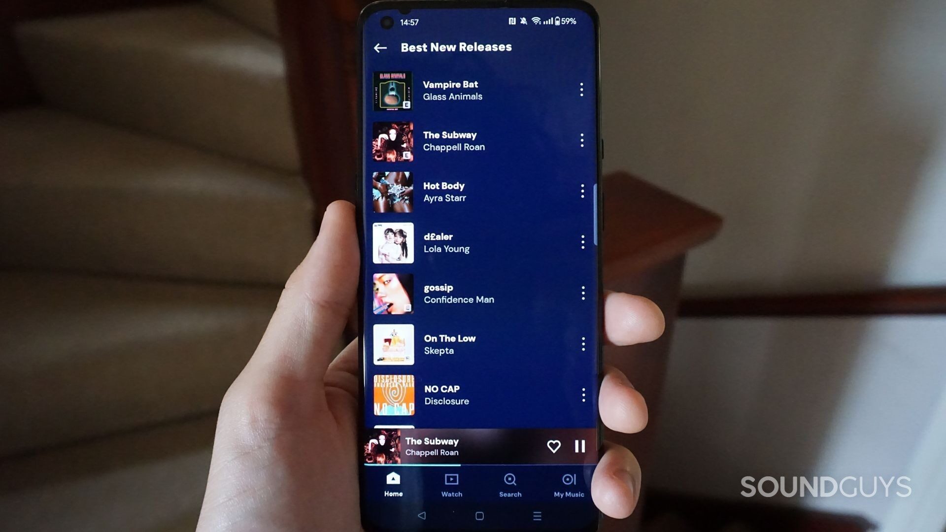 Napster-New-Releases-playlist A photograph of the Napster Home Page on mobile.