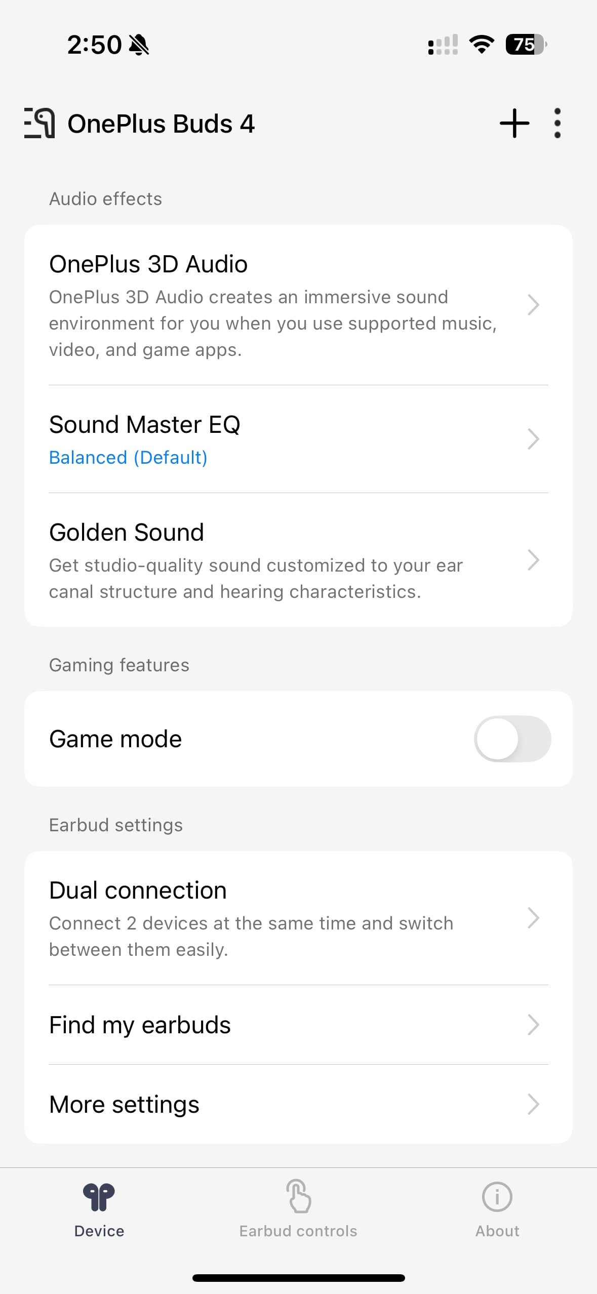 OnePlus Buds 4 HeyMelody app settings.